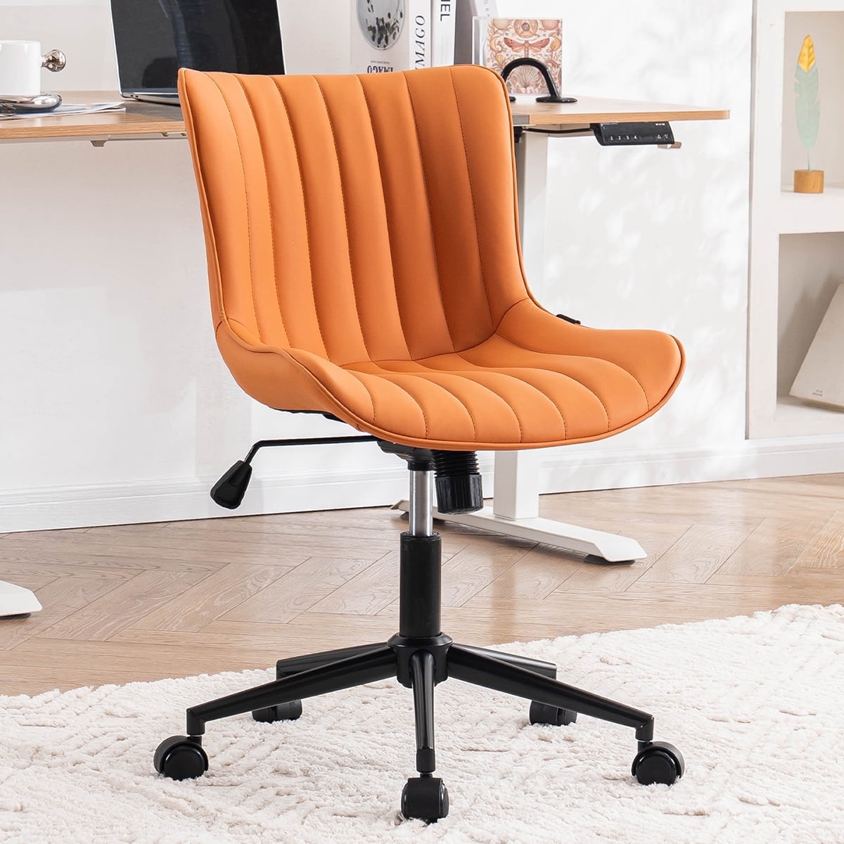 YOUNIKE Cute Armless Office Desk Chair Modern Upholstered Faux Leather Swivel Task Chair, Brown