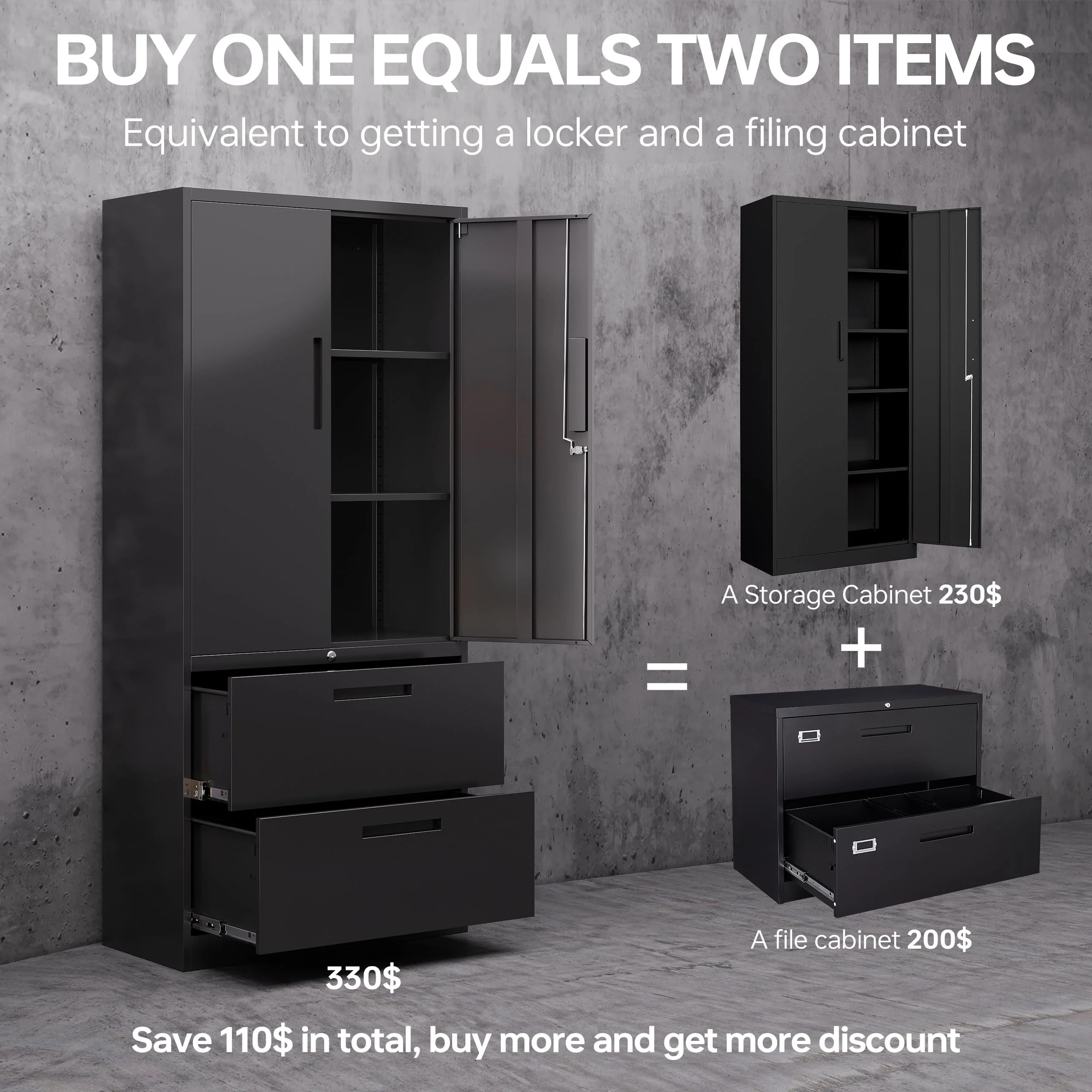 SISESOL Black Metal Storage Cabinet with Drawer and Shelf, 71