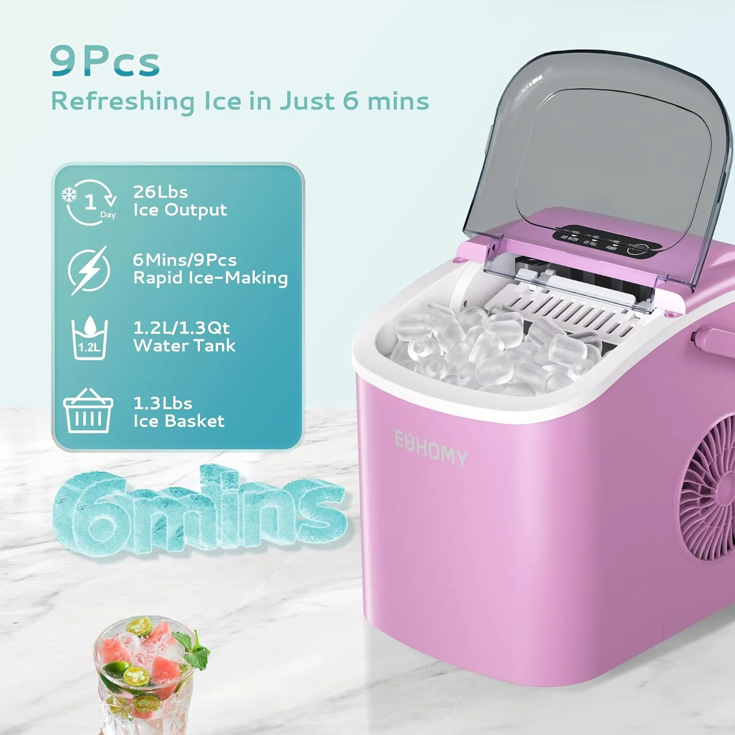EUHOMY 12'' Pink Ultra Quieter Bullet Ice Portable Ice Maker with Handle