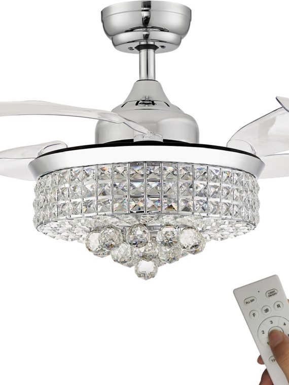48′′ Dimmable Black Fandelier Crystal LED Ceiling Fans with Lights and Remote Modern Retractable Blade Ceiling Lighting Fan Kit for Bedroom Dinning Room Living Room