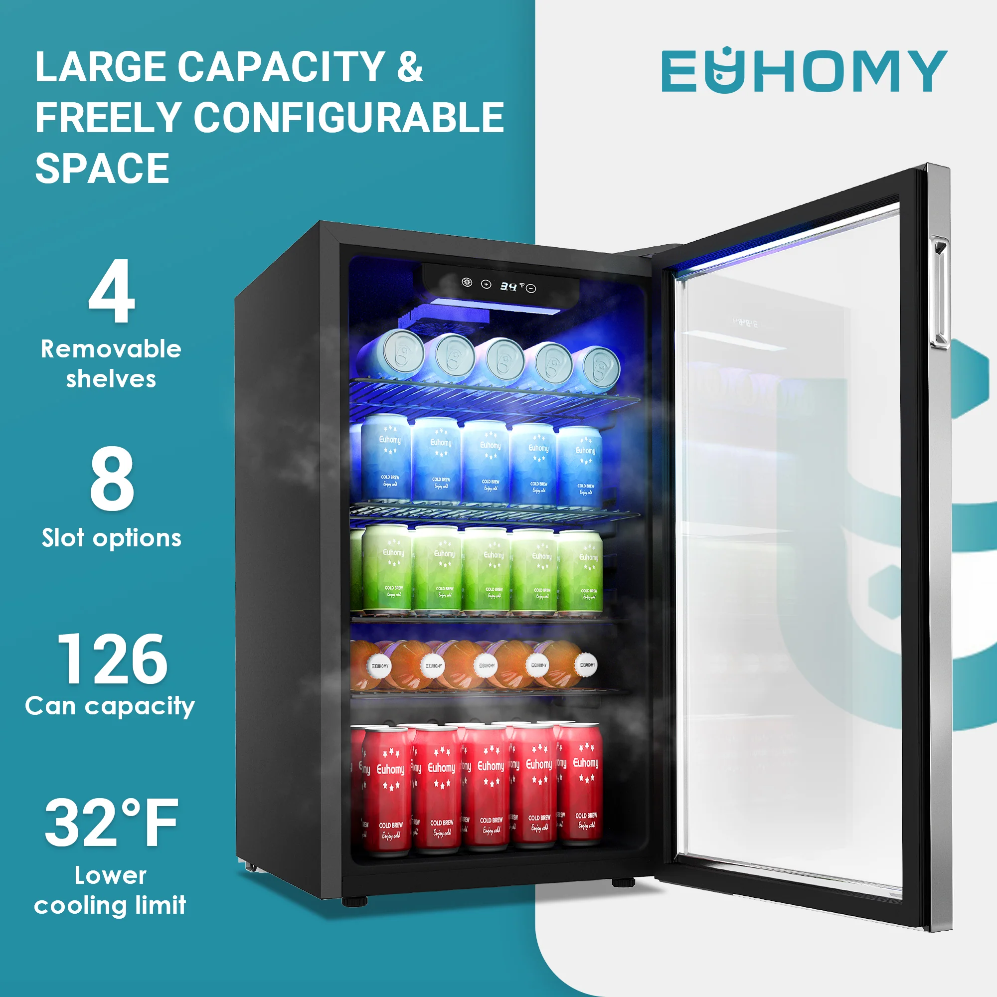 EUHOMY 3.2 Cu.Ft 126 Can Built in & Free Standing Beverage Cooler Wine Cooler