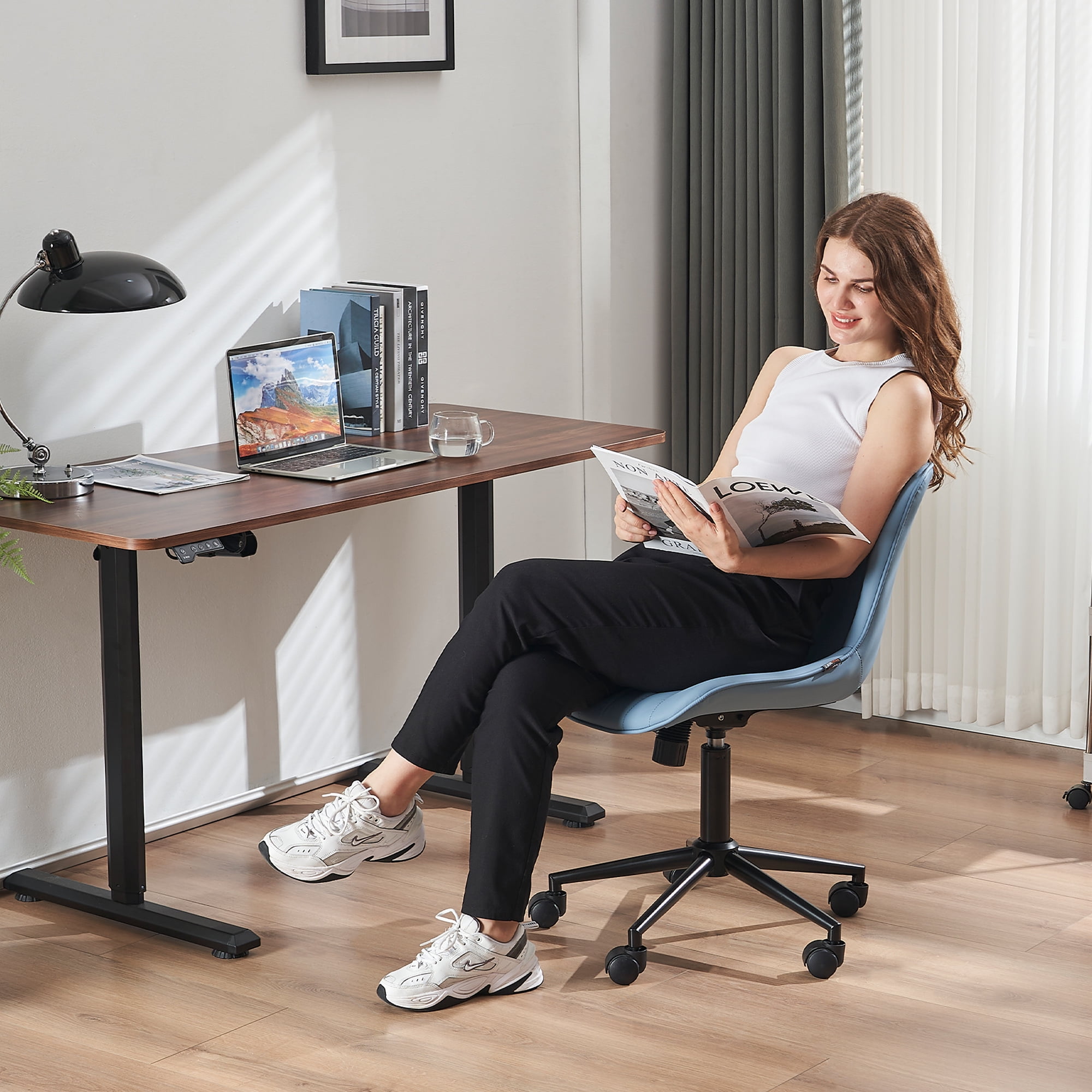 YOUNIKE Cute Armless Office Desk Chair Modern Upholstered Faux Leather Swivel Task Chair, Brown