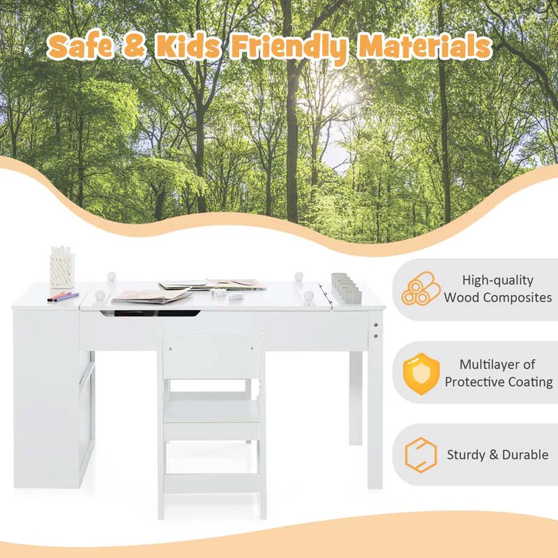 2-in-1 Kids Art Table Chair Set for Drawing Writing, Toddler Craft Play Wood Activity Desk w/2 Chairs Paper Roll Storage Canvas Bins