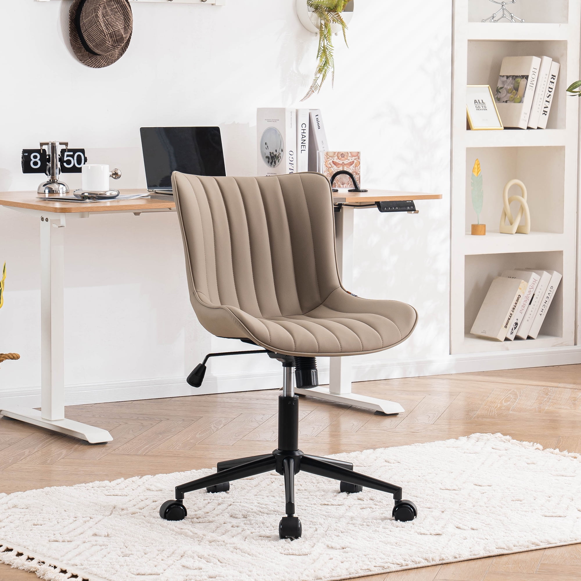 YOUNIKE Cute Armless Office Desk Chair Modern Upholstered Faux Leather Swivel Task Chair, Brown