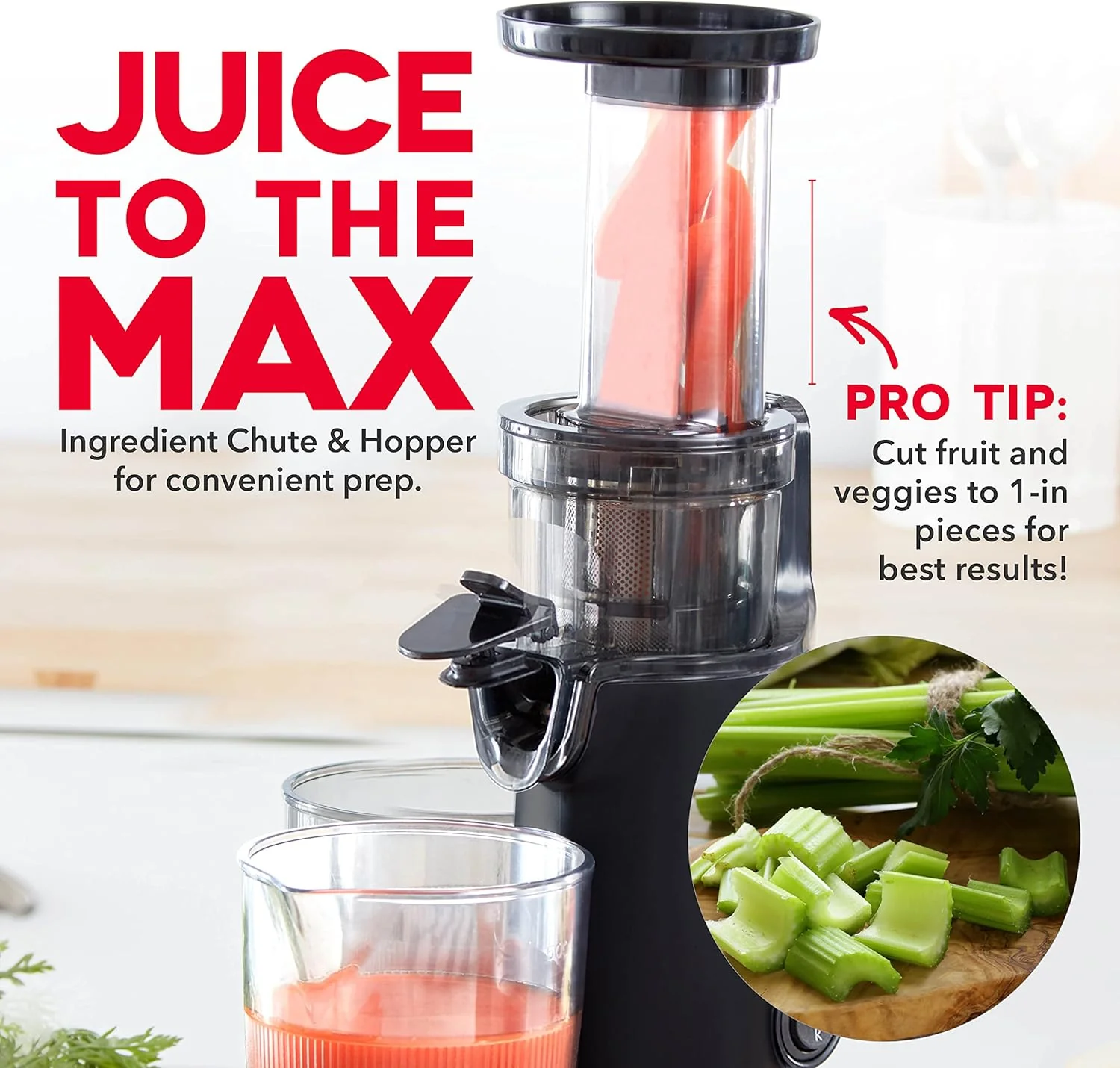 DASH Deluxe Compact Masticating Slow Juicer, Easy to Clean Cold Press Juicer with Brush, Pulp Measuring Cup, Frozen Attachment and Juice Recipe Guide - Black