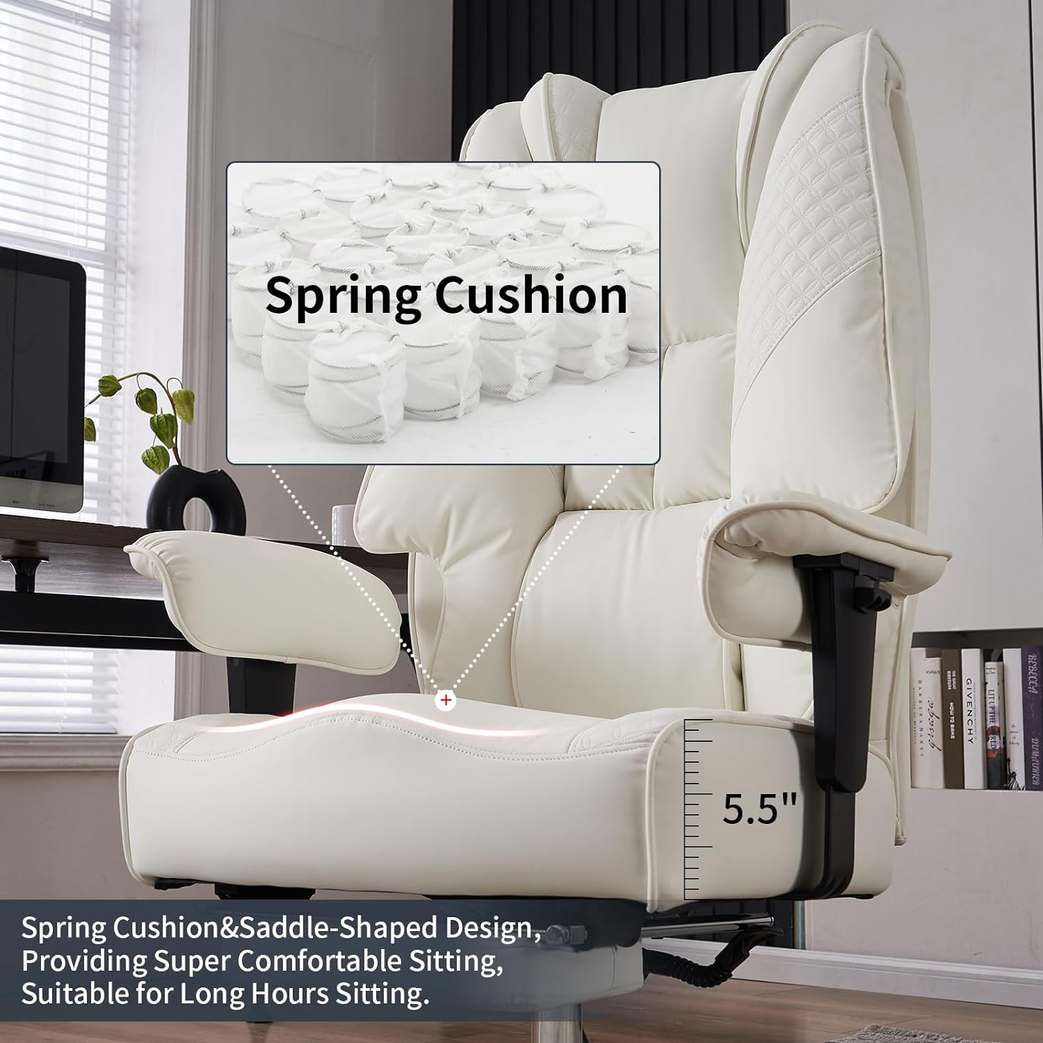 Large Tall Office Chair 400 lbs Wide Seat, Leather High Back Executive Office Chair with Footrest, Ergonomic Office Chair Lumbar Support to Relieve Lower Back Pain (Beige)