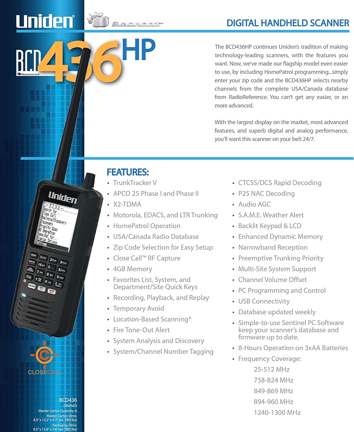BCD436HP HomePatrol Series Digital Handheld Scanner. Simple Programming, S.A.M.E. Emergency/Weather Alert, Covers USA and Canada