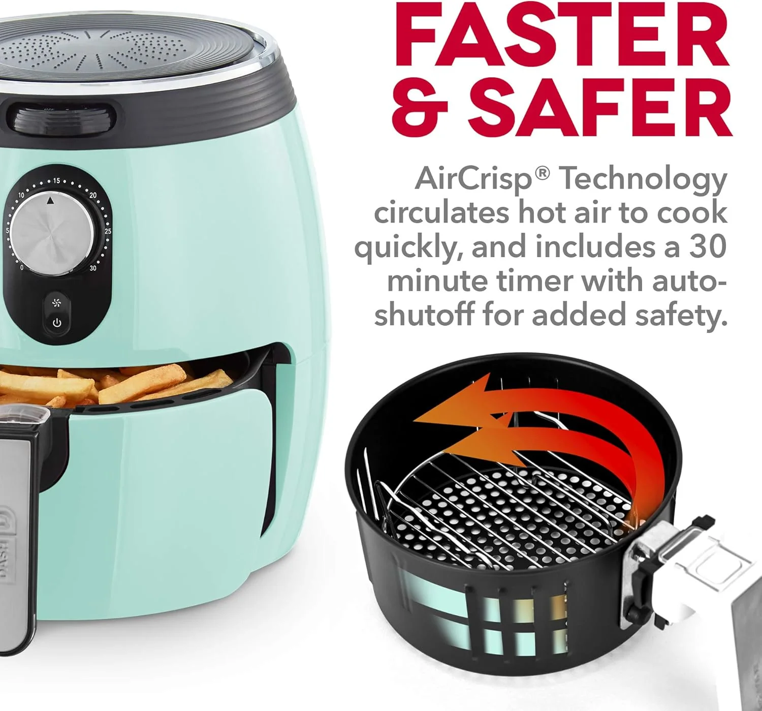 Dash Deluxe Electric Air Fryer + Oven Cooker with Temperature Control, Non-stick Fry Basket, Recipe Guide + Auto Shut off Feature, 1200-Watt, 3 Quart - Aqua