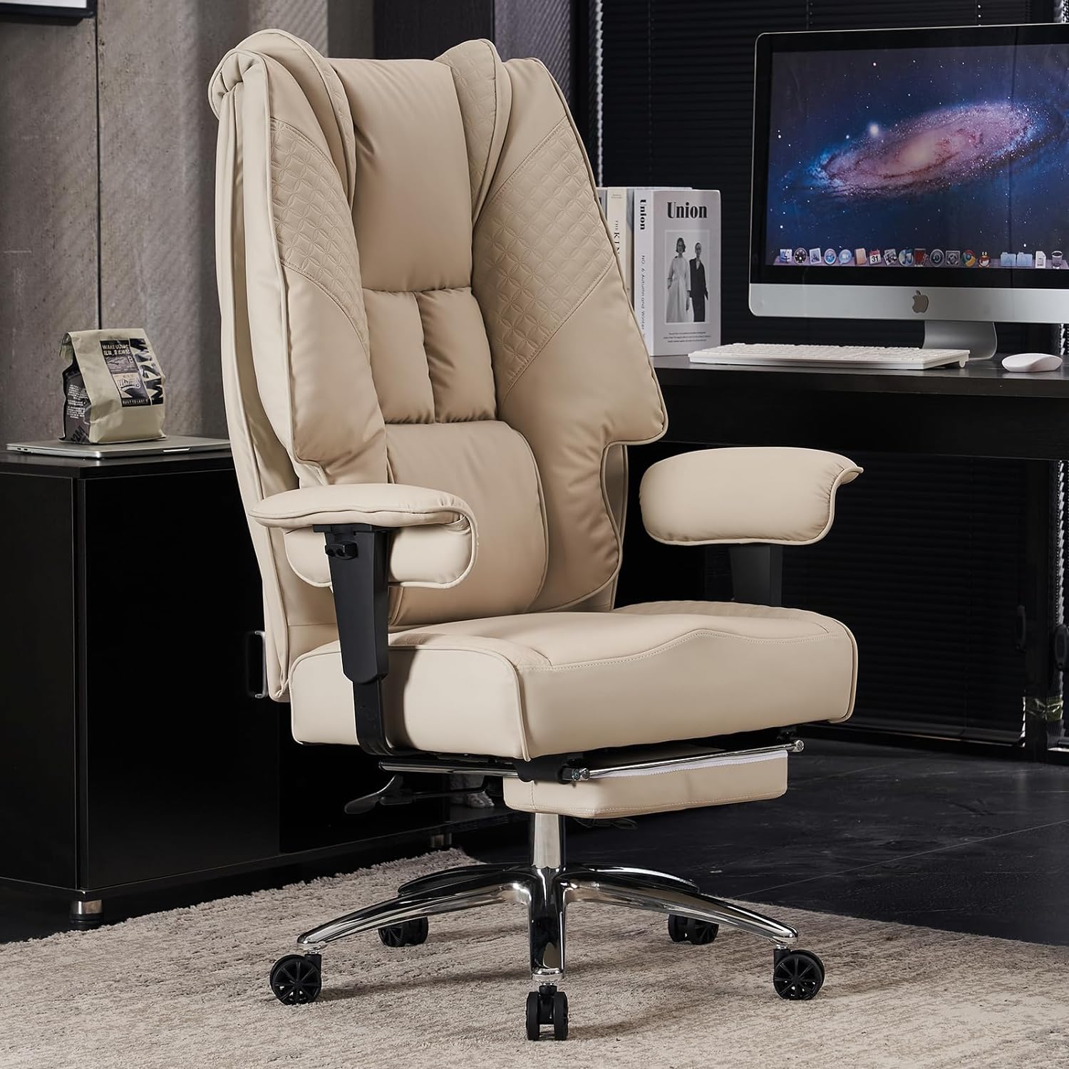 Large Tall Office Chair 400 lbs Wide Seat, Leather High Back Executive Office Chair with Footrest, Ergonomic Office Chair Lumbar Support to Relieve Lower Back Pain (Beige)