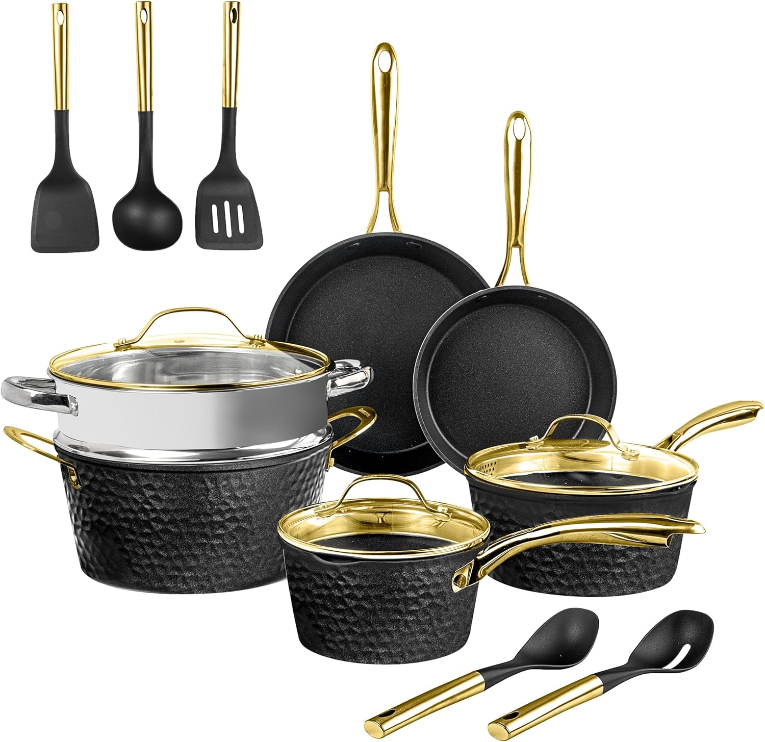15 Pc Ceramic Pots and Pans Set Non Stick, Kitchen Cookware Sets, Pot and Pan Set, Ceramic Cookware Set, Non Stick Pots and Pan Set with Induction Cookware, Dishwasher Safe, Black