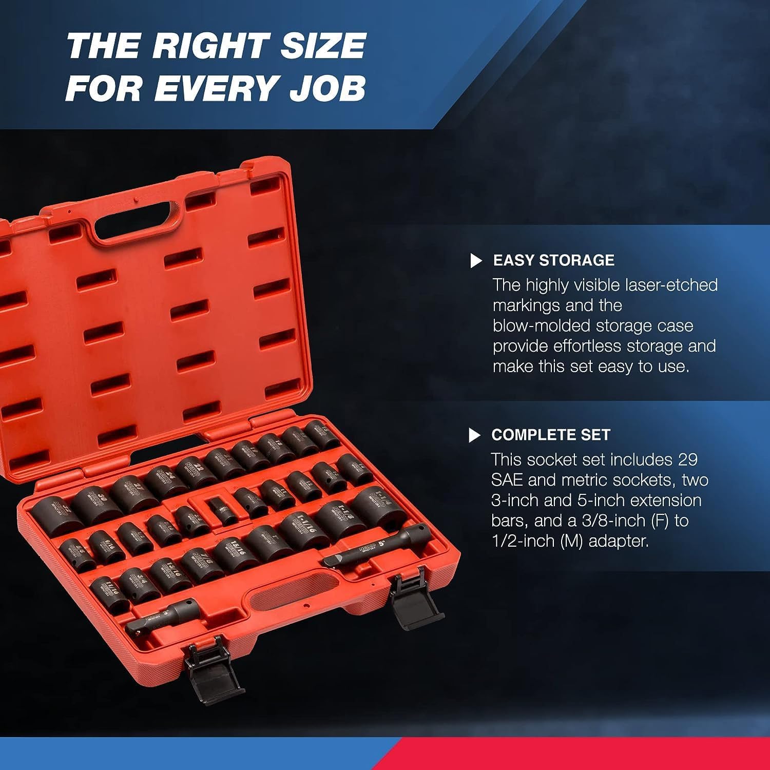 Chrome Vanadium Impact Socket Set 1/2′′ Drive, 65-Piece, SAE & Metric, Deep & Shallow, Includes Adapters & Ratchet Handle