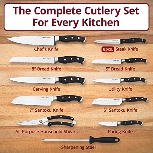 19-Piece Premium Kitchen Knife Set With Wooden Block | Master Maison German Stainless Steel Cutlery With Knife Sharpener & 8 Steak Knives