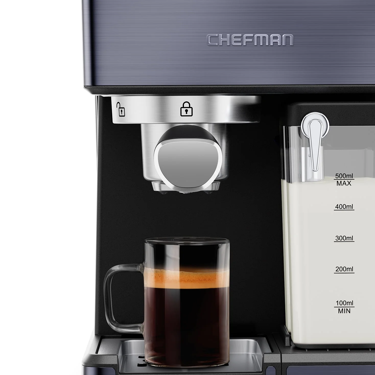 Chefman Espresso Machine w/ Milk Frother, 20 Bar Pump, Digital Display - Black Stainless Steel, New