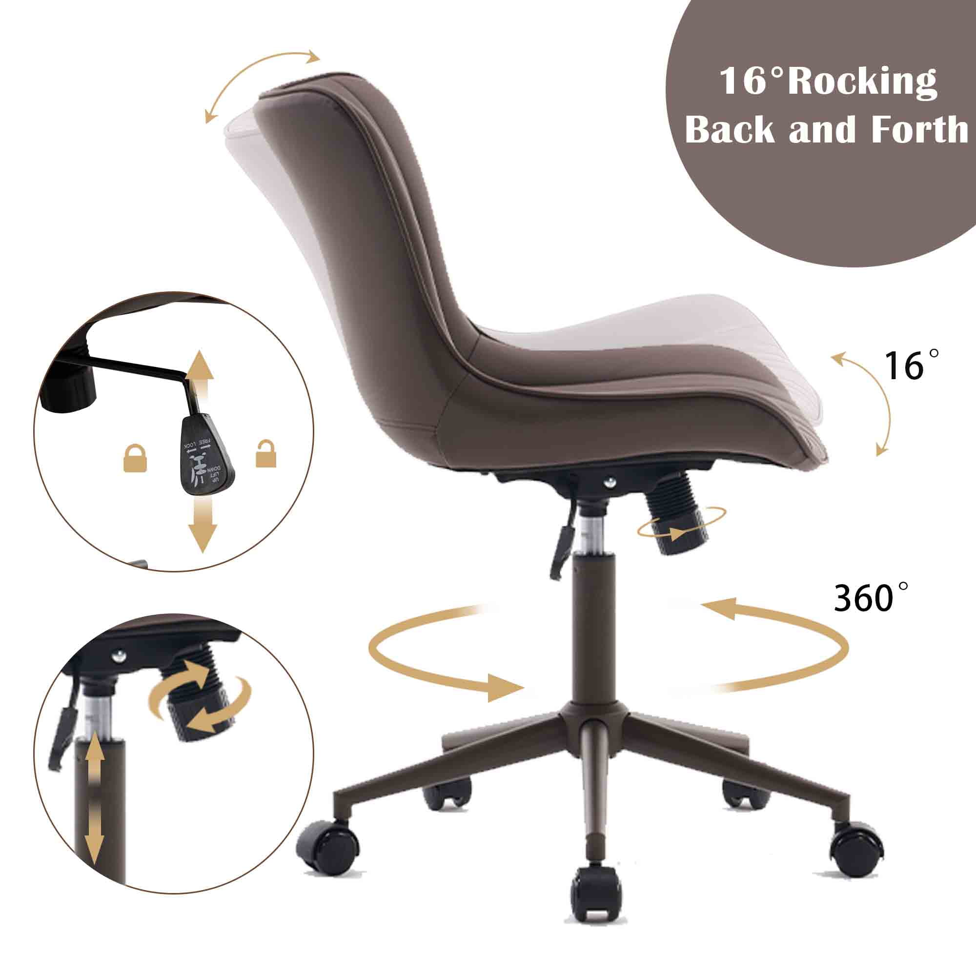 YOUNIKE Cute Armless Office Desk Chair Modern Upholstered Faux Leather Swivel Task Chair, Brown