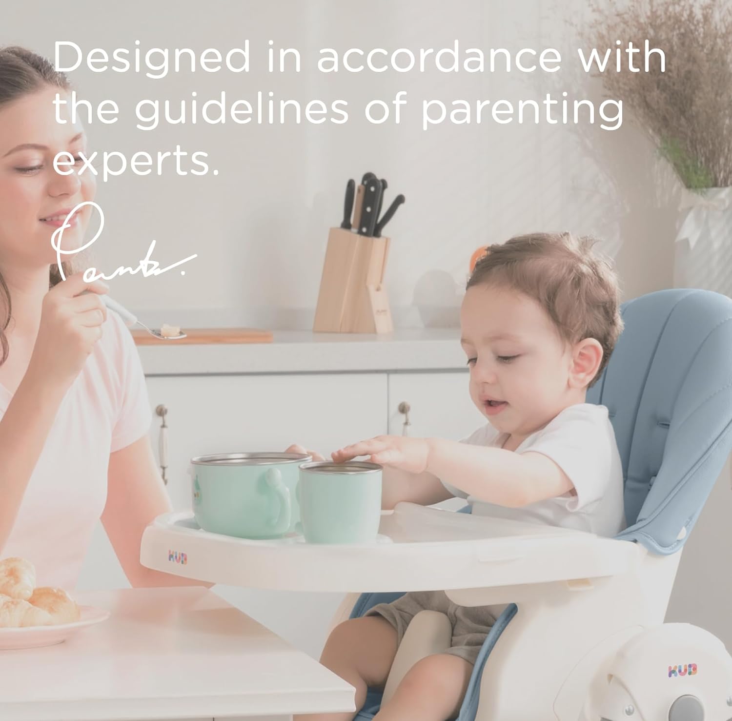 JBG Foldable Baby High Chair, Grey Faux Leather, Adjustable Height & Recline, Removable Tray, Locking Wheels, 5-Point Harness