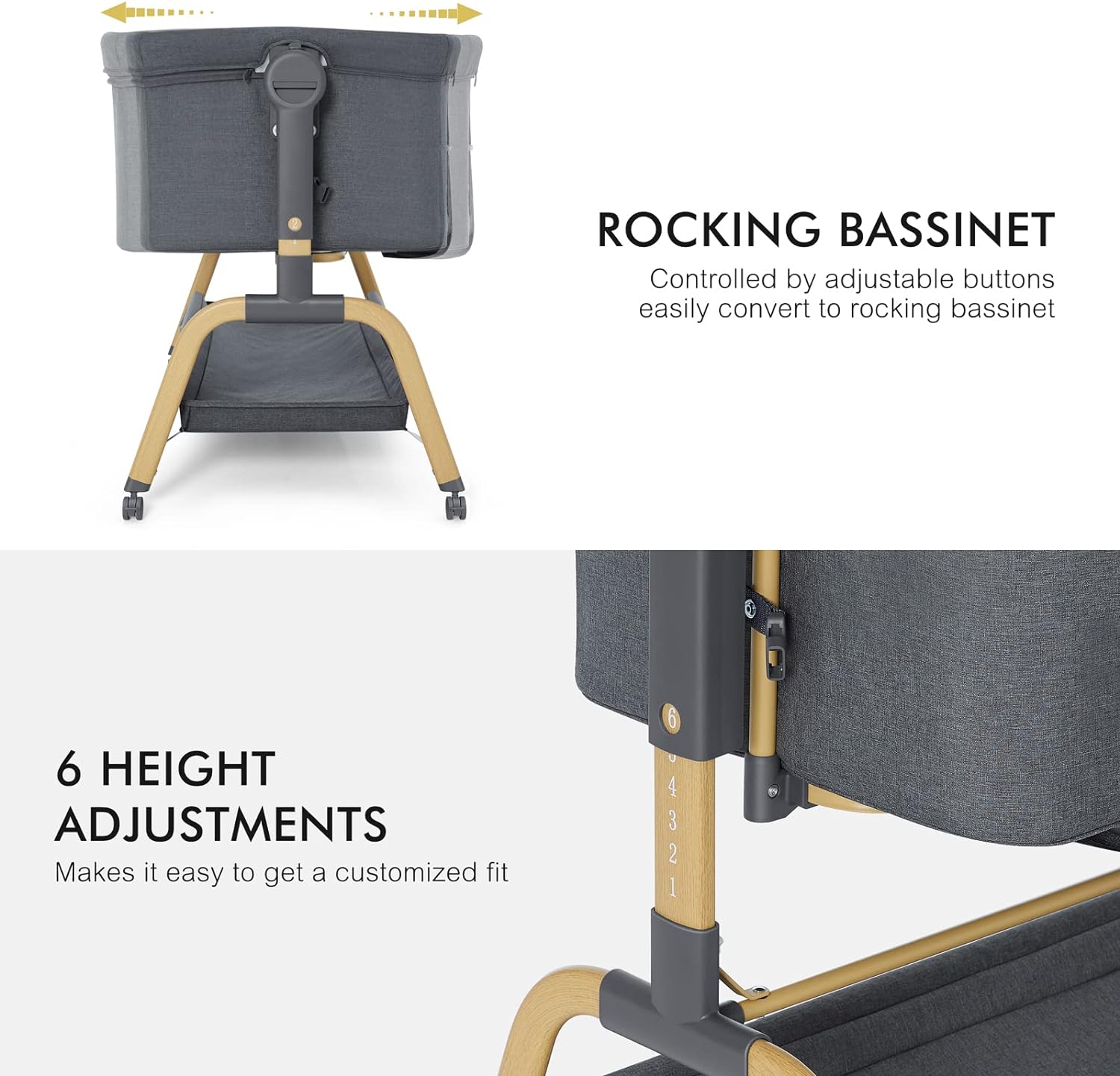 ANGELBLISS 3-in-1 Baby Bassinet, Adjustable Bedside Sleeper with Mattress & Wheels, Dark Grey