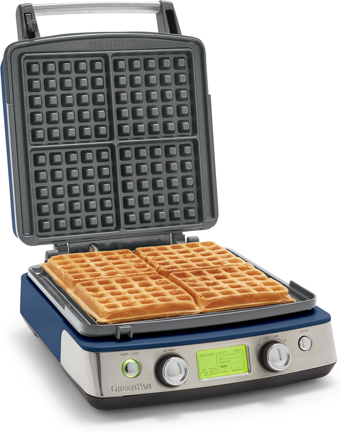 Elite 4-Square Belgian & Classic Waffle Iron, Healthy Ceramic Nonstick Aluminum Dishwasher Safe Plates, Adjustable Shade/Crunch Control, Wont Overflow, Easy Cleanup Breakfast,