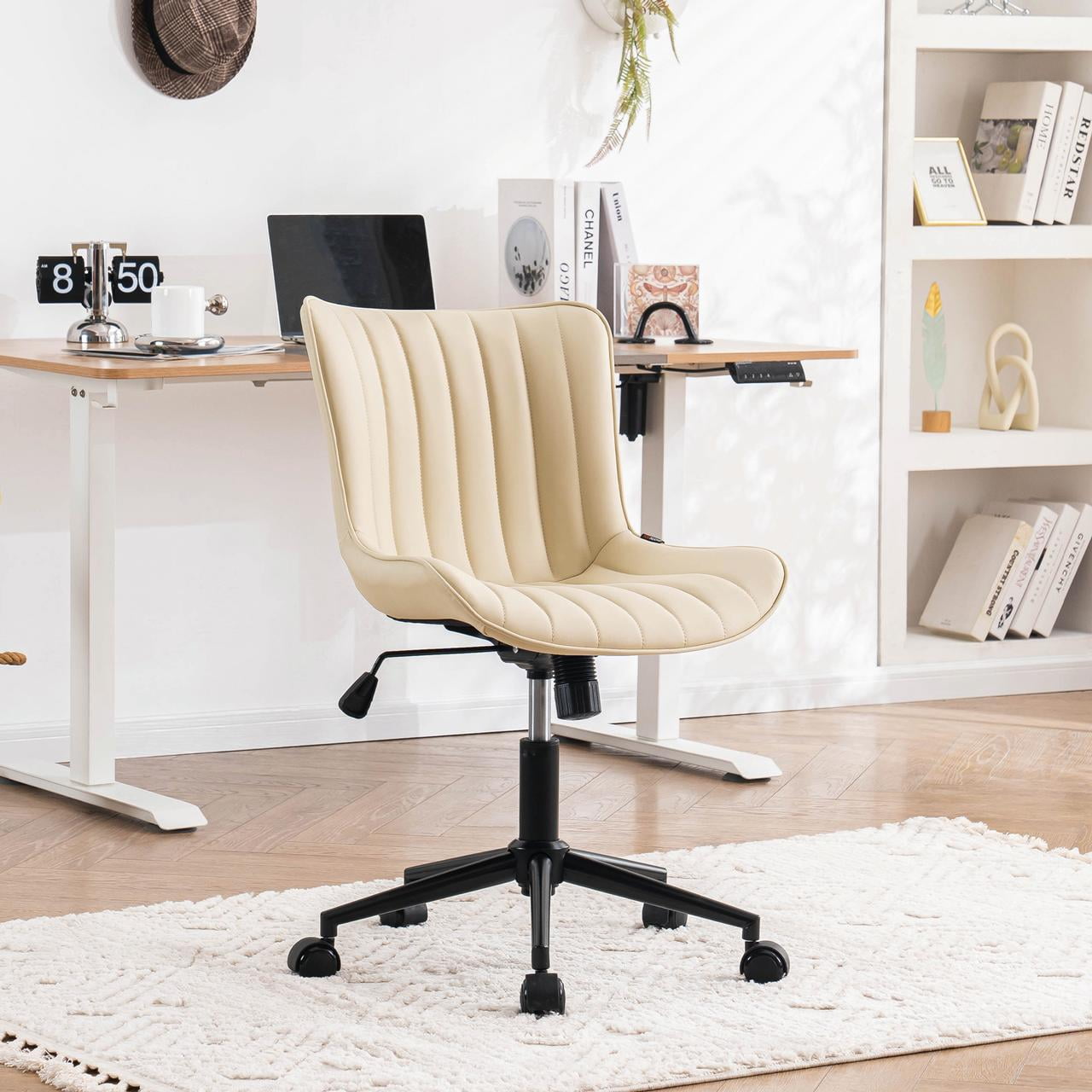 YOUNIKE Cute Armless Office Desk Chair Modern Upholstered Faux Leather Swivel Task Chair, Brown