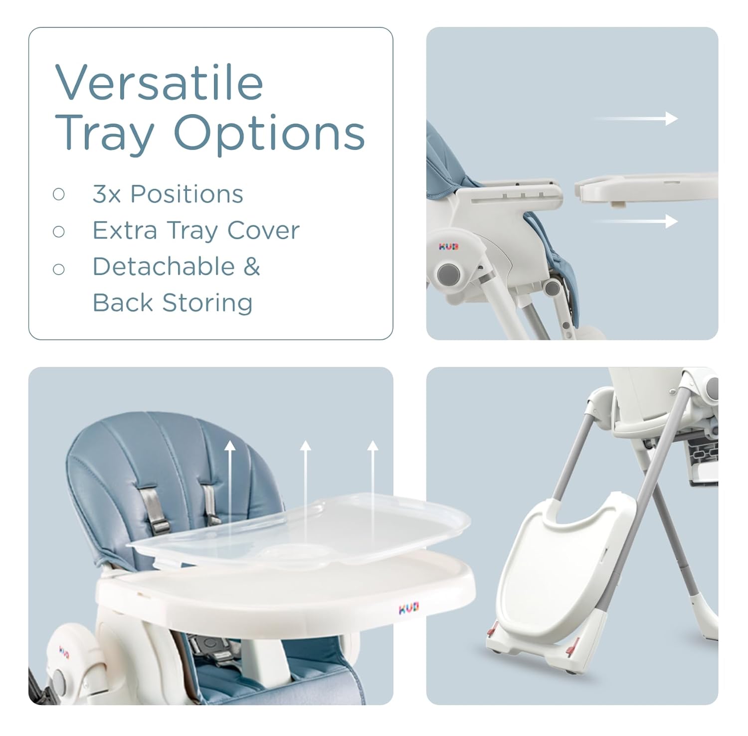 JBG Foldable Baby High Chair, Grey Faux Leather, Adjustable Height & Recline, Removable Tray, Locking Wheels, 5-Point Harness