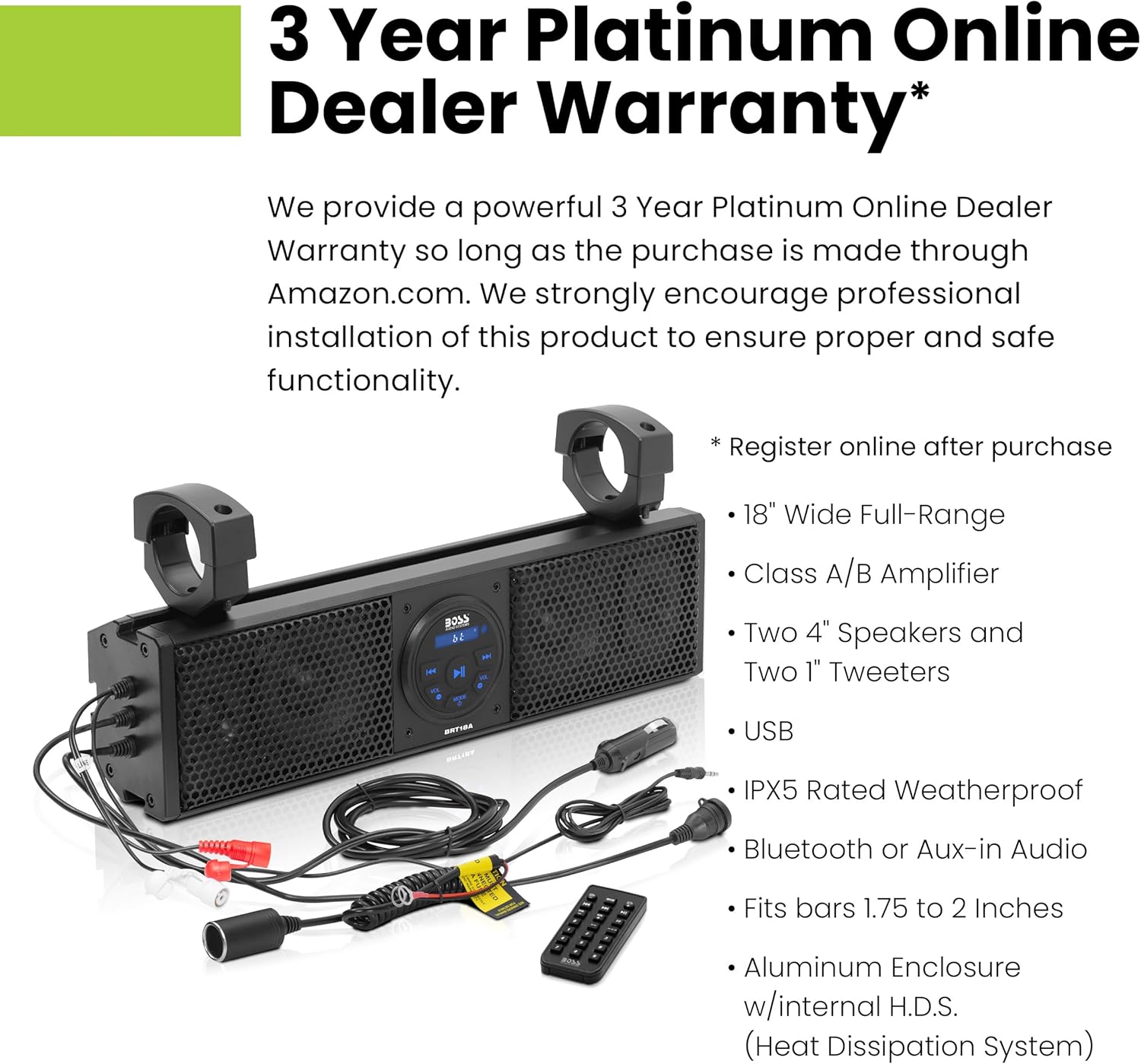 Audio Systems BRT26A ATV UTV Sound Bar - 26 Inch Wide, 4 Inch Speakers, 1 Inch Soft Dome Tweeters, Full Range, IPX5 Weatherproof, Bluetooth, Built-in Amplifier, Golf Cart Compatible