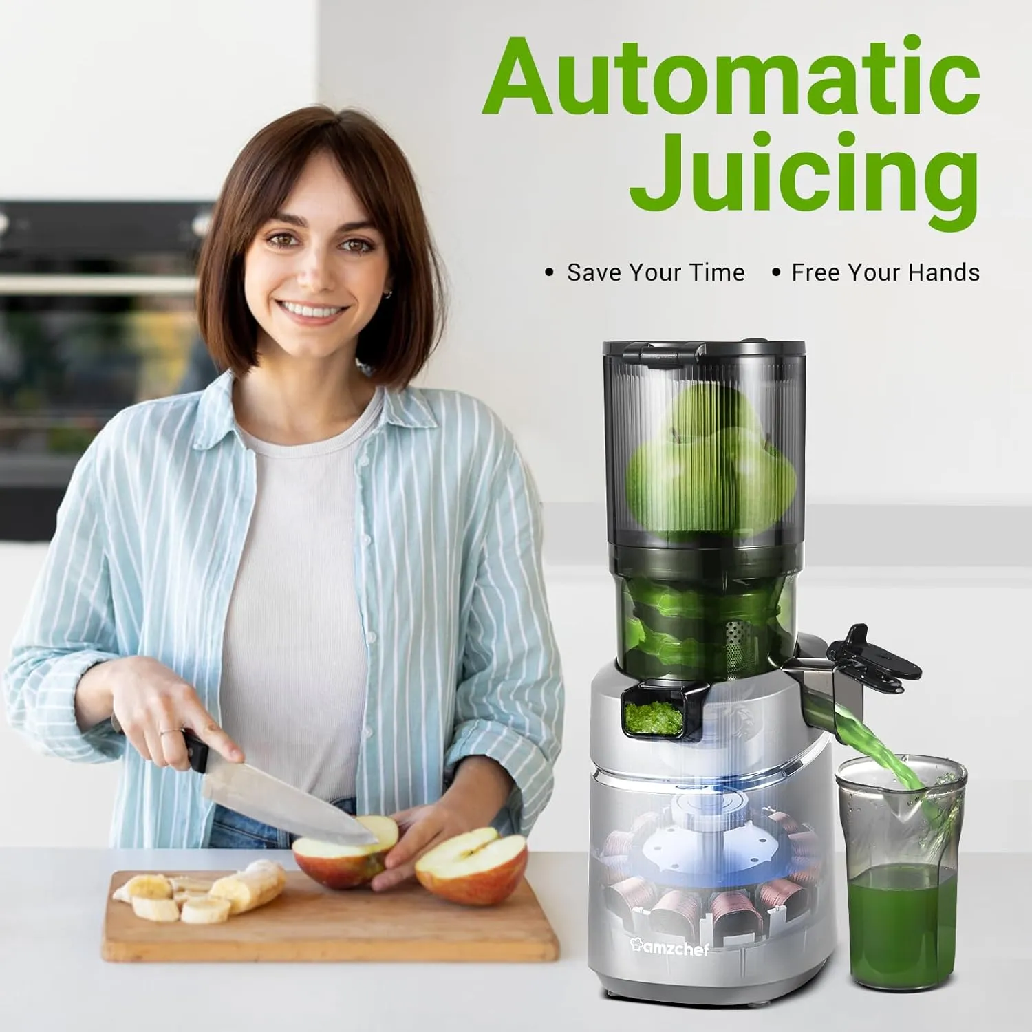 Juicer Machines, 5.3-Inch Self-Feeding Masticating Juicer Fit Whole Fruits & Vegetables, Cold Press Electric Juicer Machines with High Juice Yield, Easy Cleaning, BPA Free, 250W