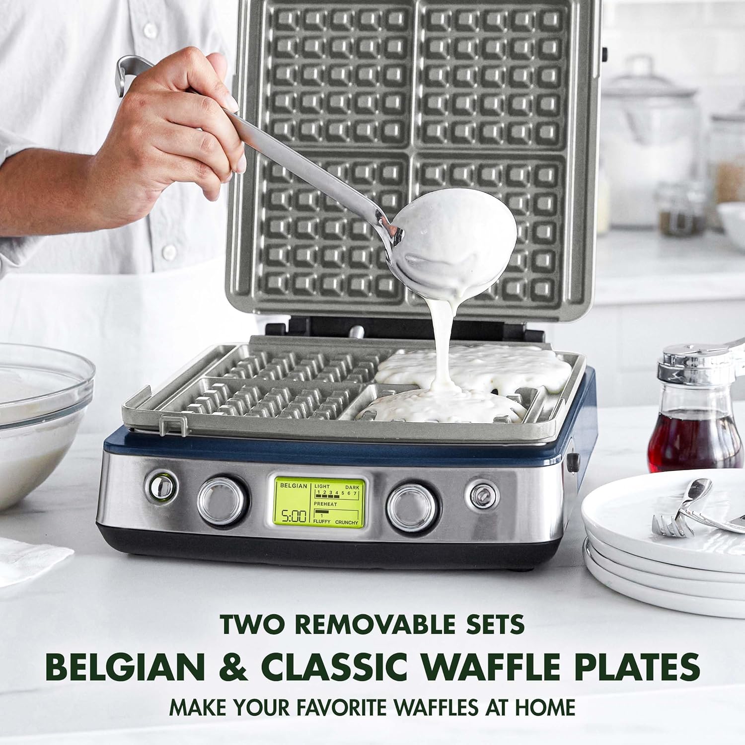 Elite 4-Square Belgian & Classic Waffle Iron, Healthy Ceramic Nonstick Aluminum Dishwasher Safe Plates, Adjustable Shade/Crunch Control, Wont Overflow, Easy Cleanup Breakfast,