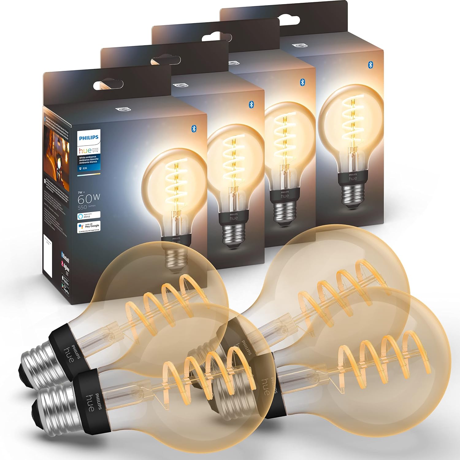 Philips Hue White Ambiance G40 LED Bulb 4-Pack, 550LM, E26, Smart Home Compatible with Alexa & Google Assistant