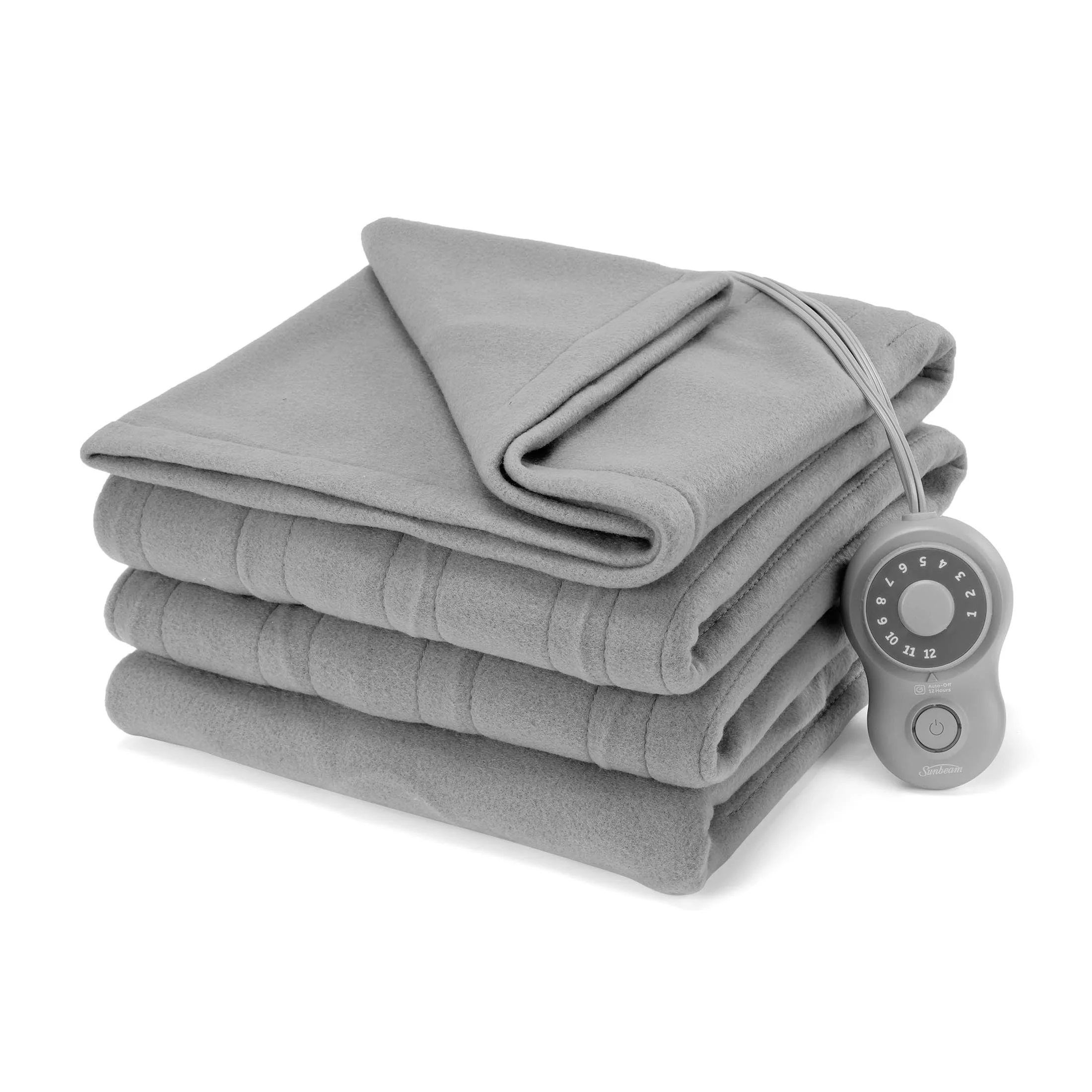 Sunbeam Twin Blanket Grey Fleece, 12 Heat Settings, 12-Hour Auto Shut-Off, Electric Heated Blanket with Controller, 84