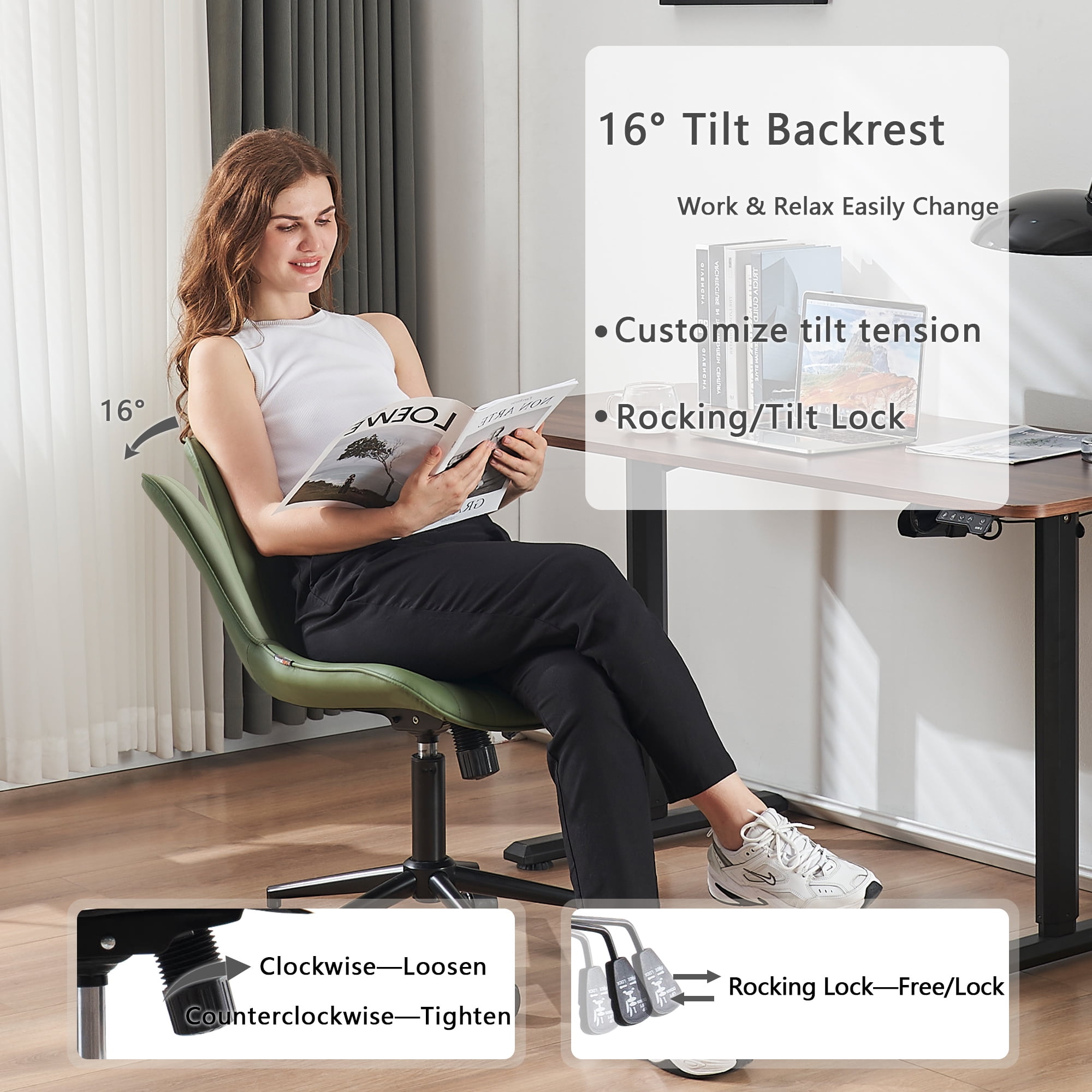 YOUNIKE Cute Armless Office Desk Chair Modern Upholstered Faux Leather Swivel Task Chair, Brown