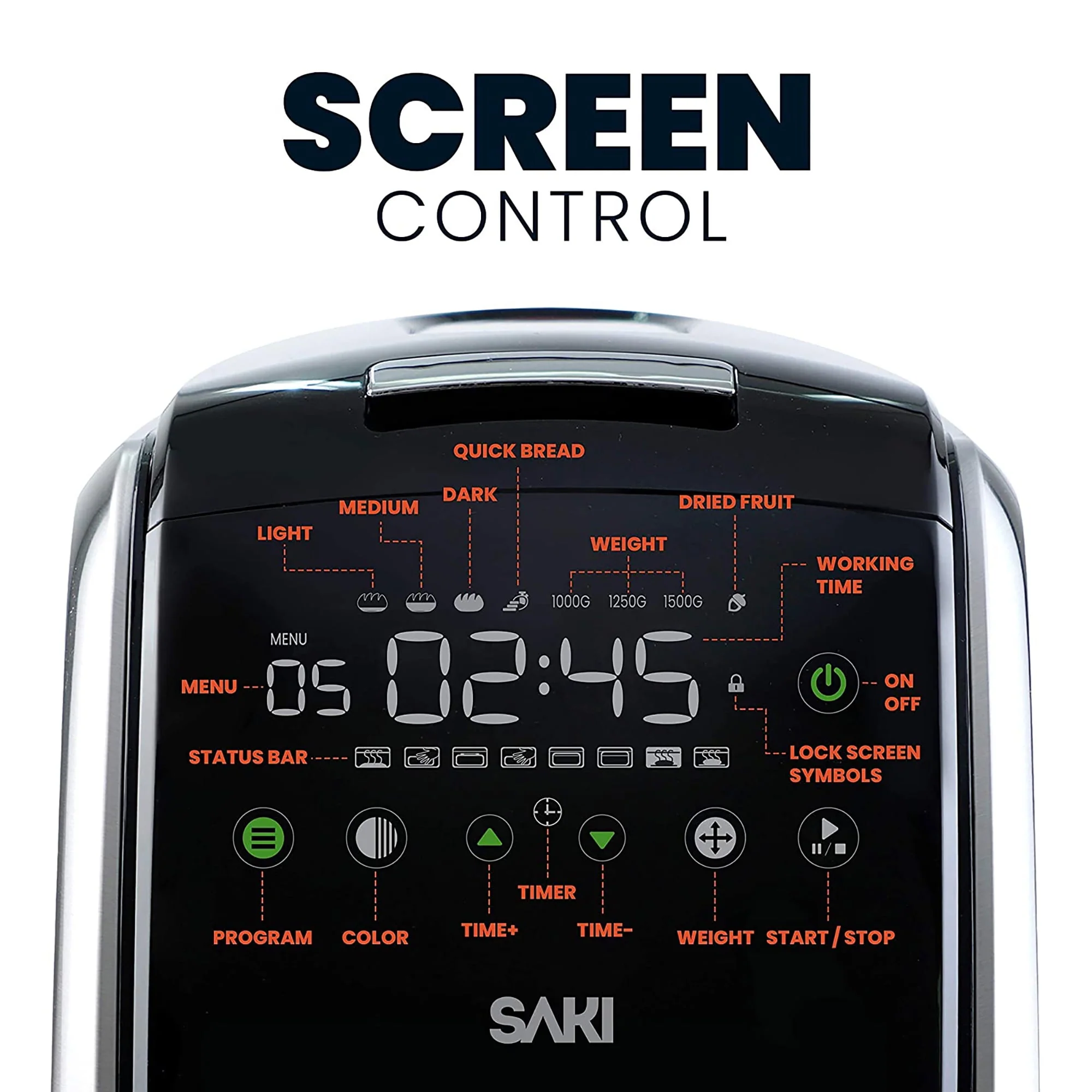 Saki 12-In-1 Programmable Bread Machine with Digital Touch Control Panel
