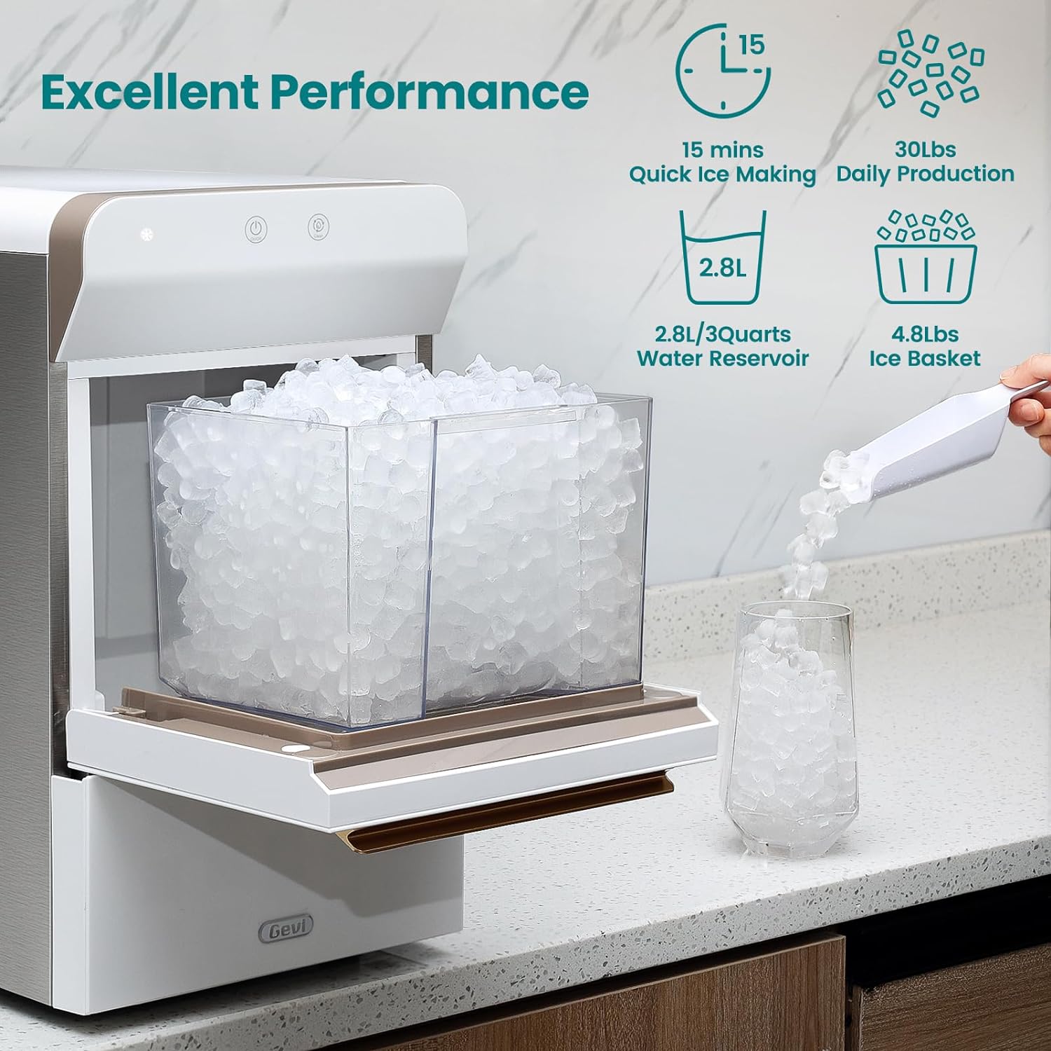 V2.0 Countertop Gemi Nugget Ice Maker | Self-Cleaning Pellet Ice Machine | Open and Pour Water Refill | Stainless Steel Housing | Fit Under Wall Cabinet | White