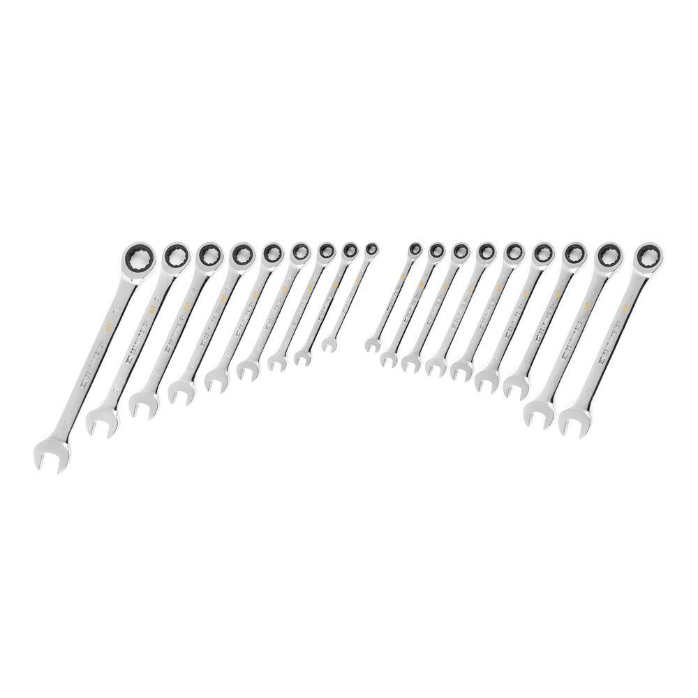 1006137126 SAE/MM 90-Tooth Pro Combination Ratcheting Wrench Tool Set with Tray (18-Piece)