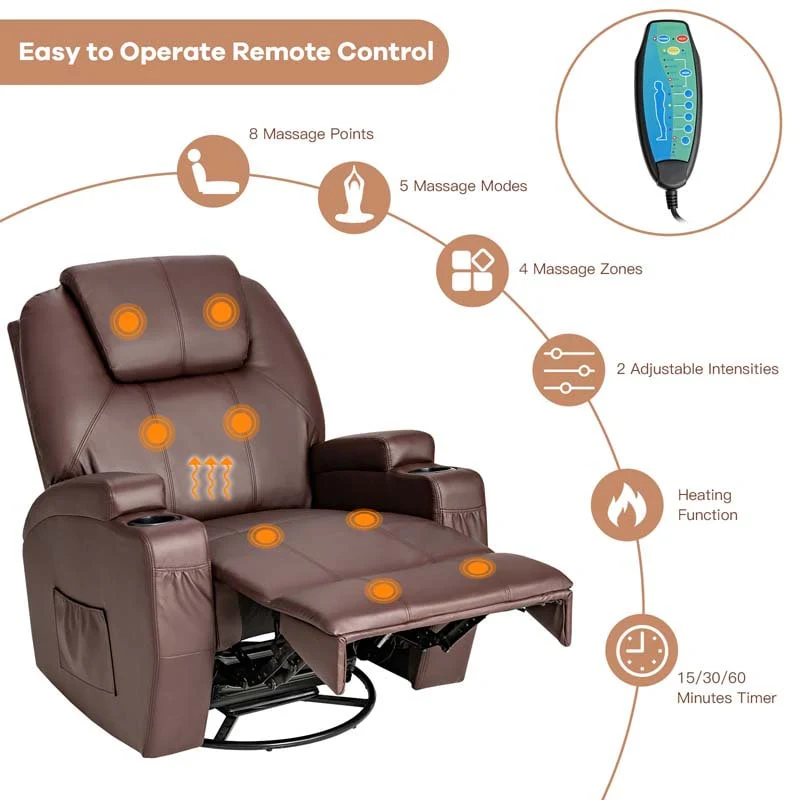 Leather Massage Recliner Chair 360 Degree Swivel Glider Rocker with Lumbar Heating & Remote Control