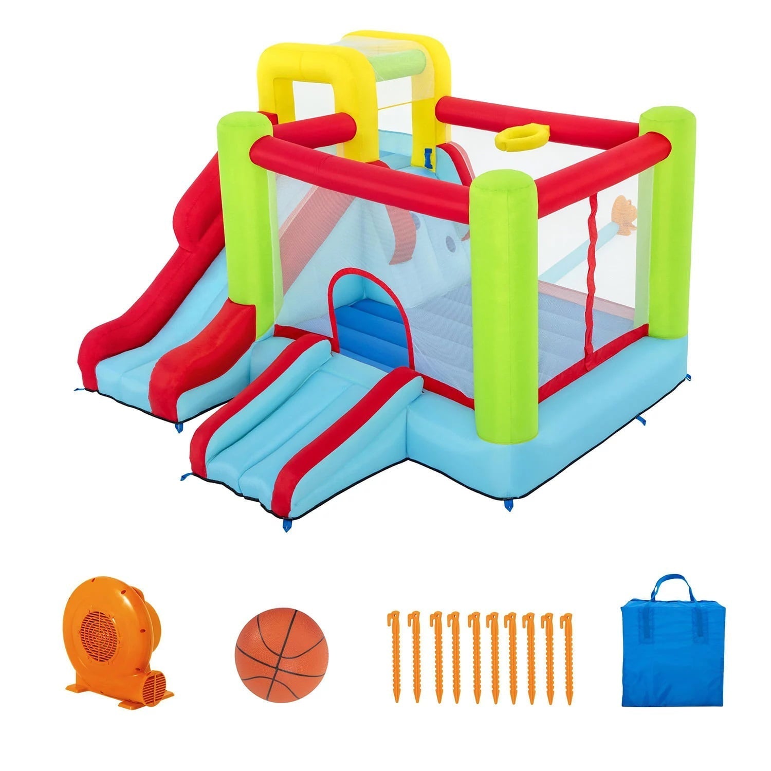 Up, In and Over Wonder Hoops 10′ Inflatable Bounce House Park with Basketball and Slide. 126