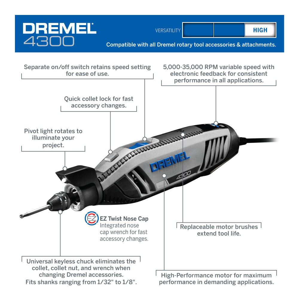 Dremel 4300-5/40 High Performance Rotary Tool Kit with LED Light- 5 Attachments and 40 Accessories- Engraver, Sander, and Polisher- Perfect for Grinding, Cutting, Wood Carving, Sanding, and Engraving
