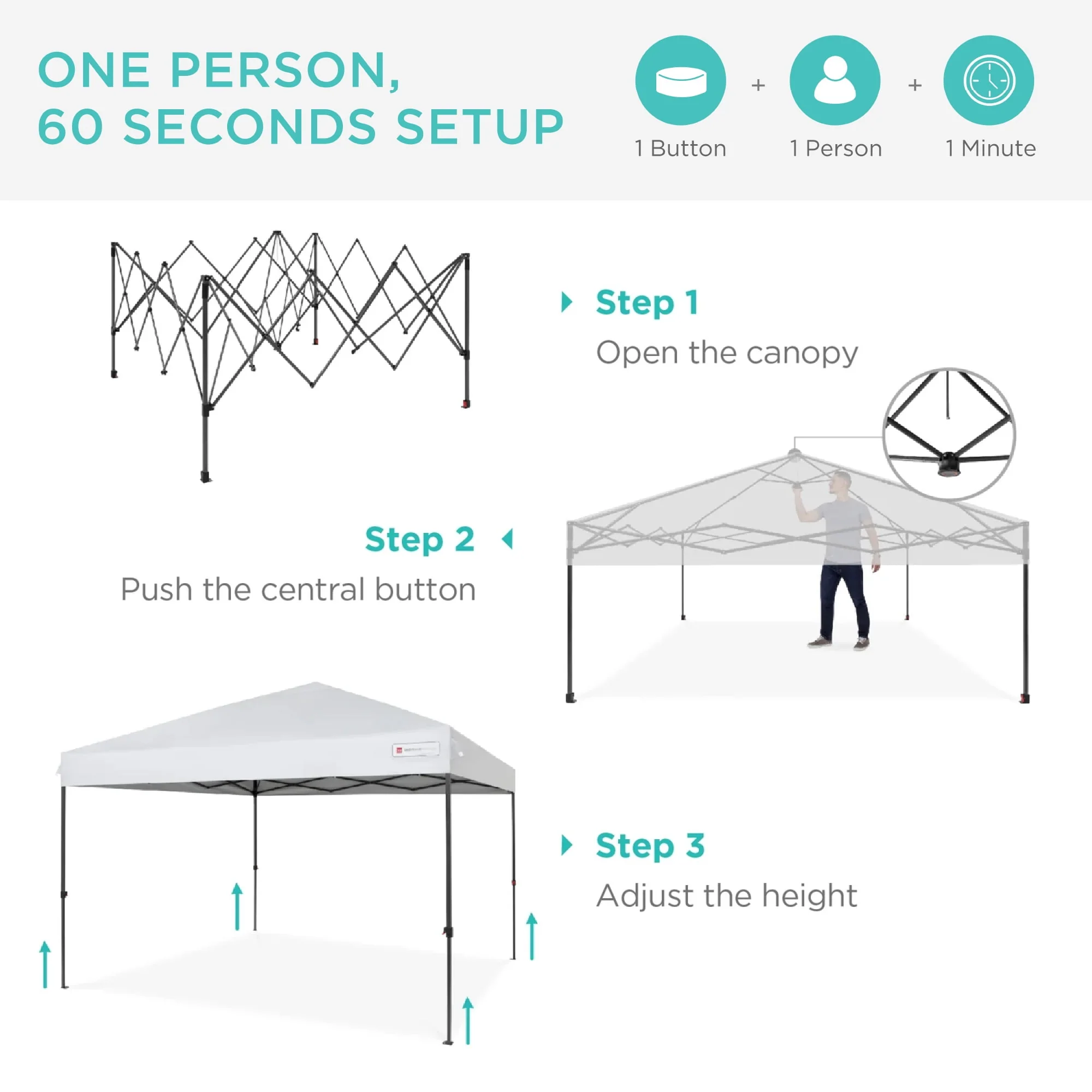 Best Choice Products 10x10ft Easy Setup Pop Up Canopy w/ 1-Button Setup, Wheeled Case, 4 Weight Bags - White
