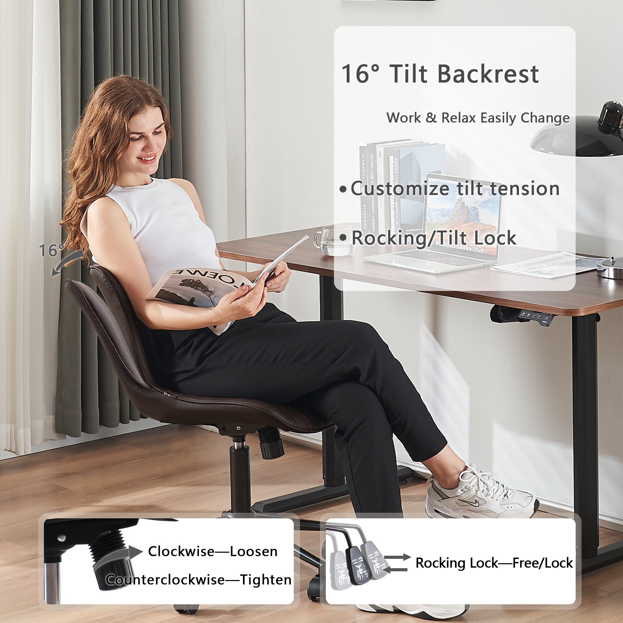 YOUNIKE Cute Armless Office Desk Chair Modern Upholstered Faux Leather Swivel Task Chair, Brown