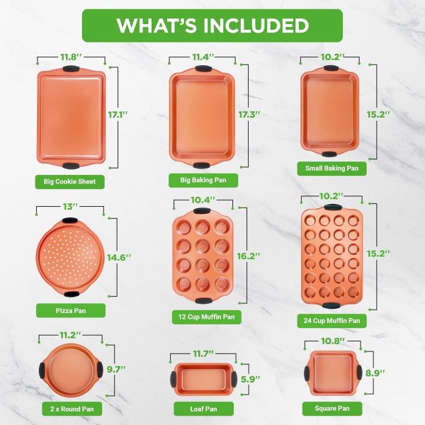 10-Piece Non-Stick Baking Pans Set Premium Nonstick Carbon Steel Oven Bakeware Includes Cookie Sheets, Muffin Cake Pans, Pizza Crisper, Roasting Pans, w/Silicone Handles Copper