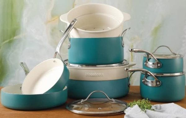 12 Piece Aluminum Pots and Pans Cookware Set w/Non-toxic Ceramic Non-stick, Ceramic Steamer Insert, 12 Protective Care Bags Agave Blue