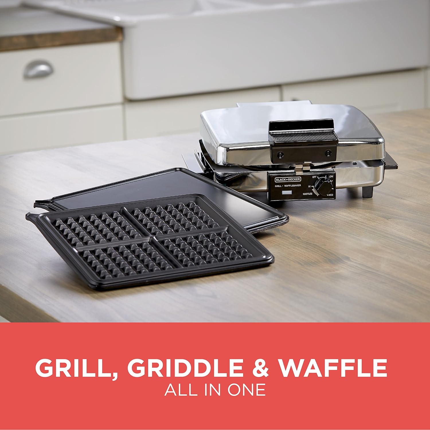 3-in-1 Waffle Maker with Nonstick Reversible Plates, Stainless Steel, G48TD