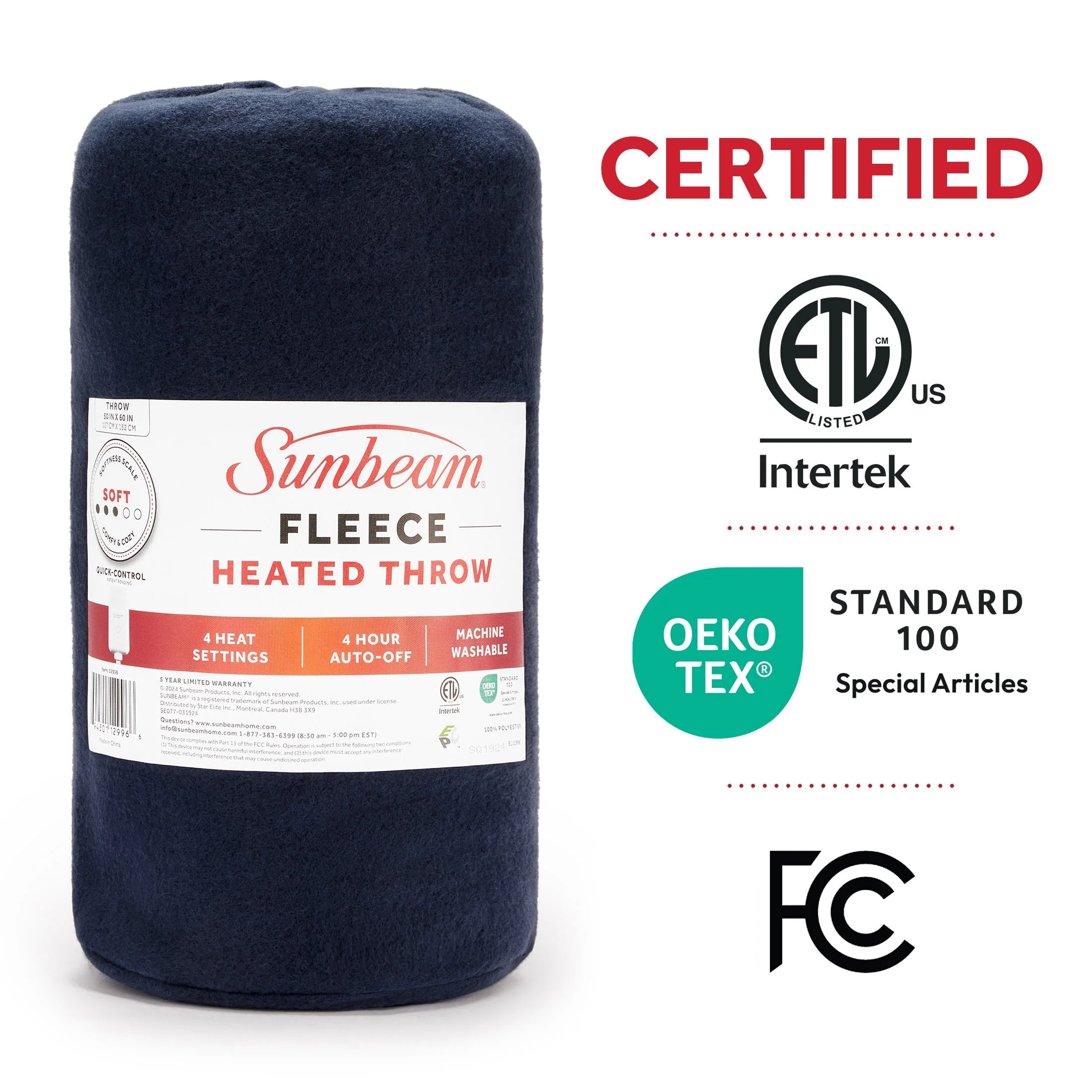 Sunbeam Throw Poseidon Fleece, 4 Heat Settings, 4-Hour Auto Shut-Off, Electric Heated Blanket, 50” x 60”