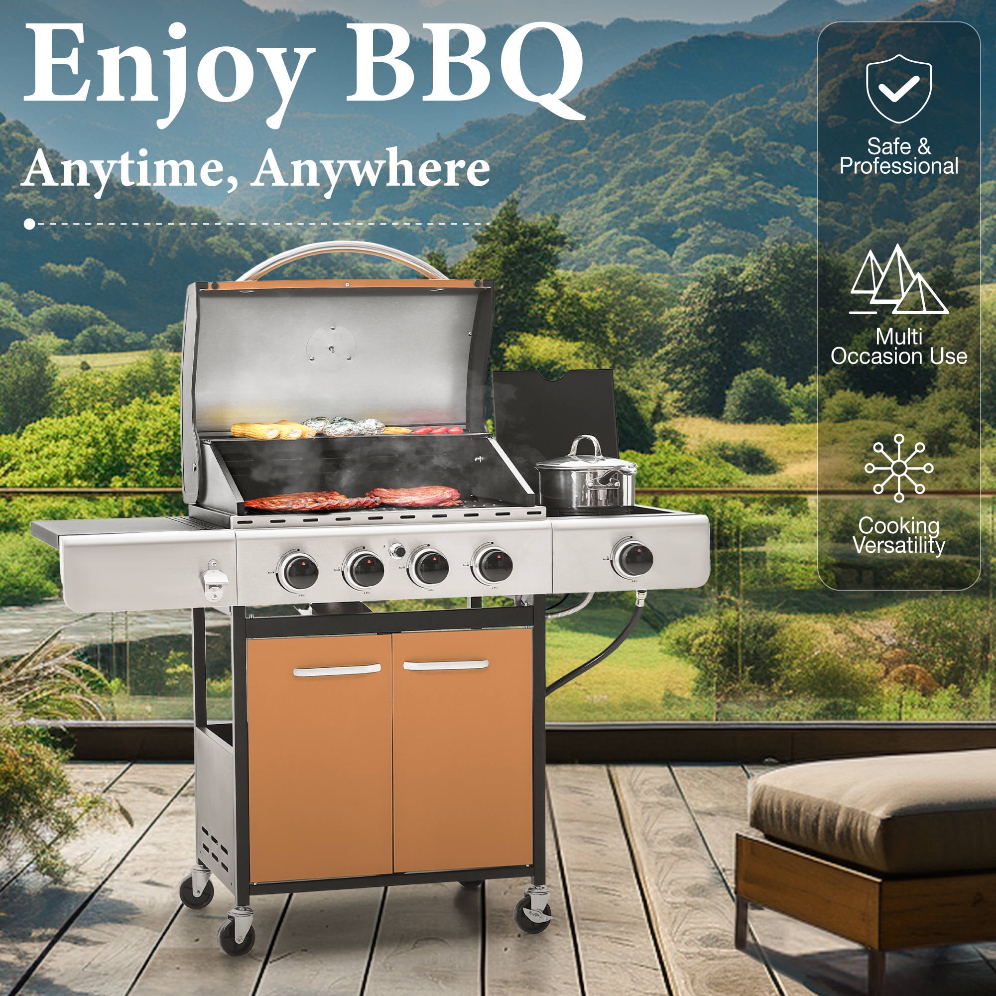 Summit Living 4 Burner Propane Gas Grill with Side Burner Stainless Steel