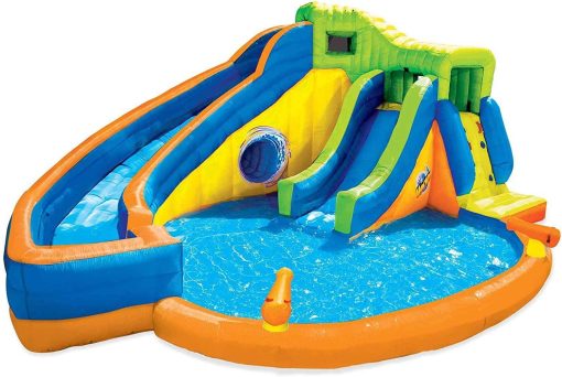 BANZAI Pipeline Twist Kids Inflatable Outdoor Backyard Water Pool Aqua Splash Park and Slides with Climbing Wall, Water Cannons, & Clubhouse, Ages 5+