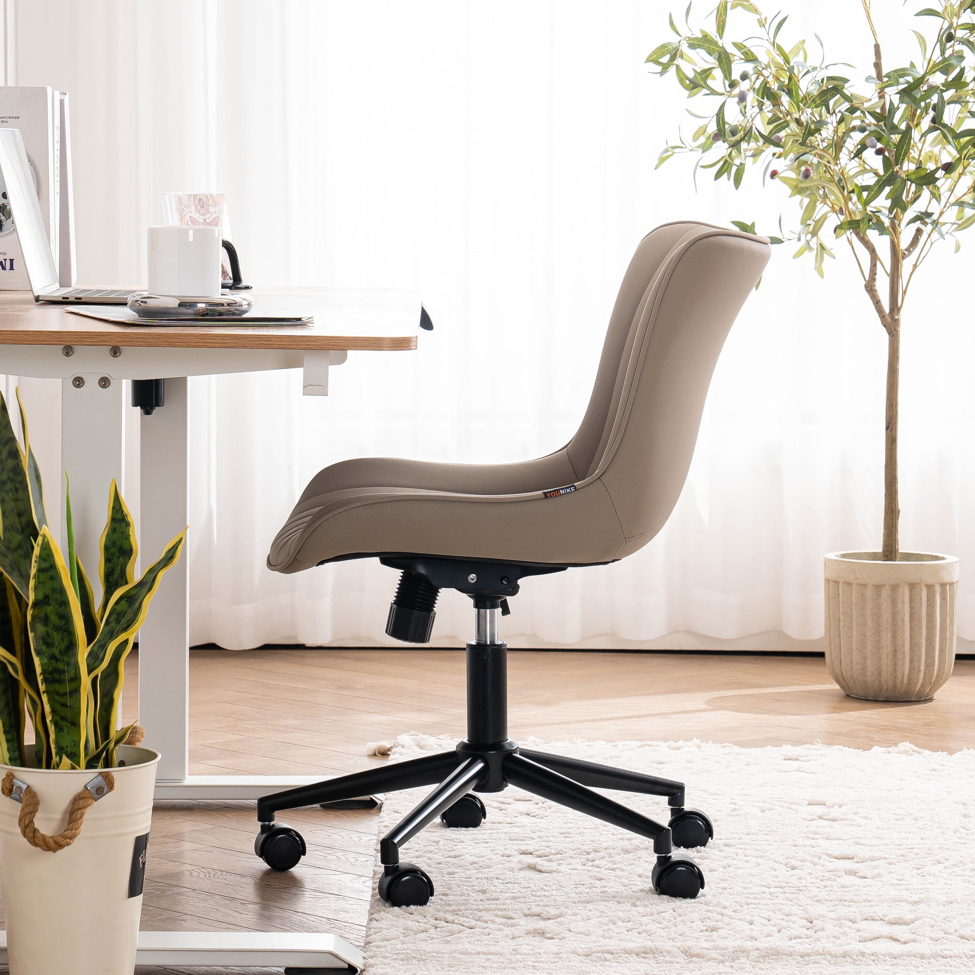 YOUNIKE Cute Armless Office Desk Chair Modern Upholstered Faux Leather Swivel Task Chair, Brown