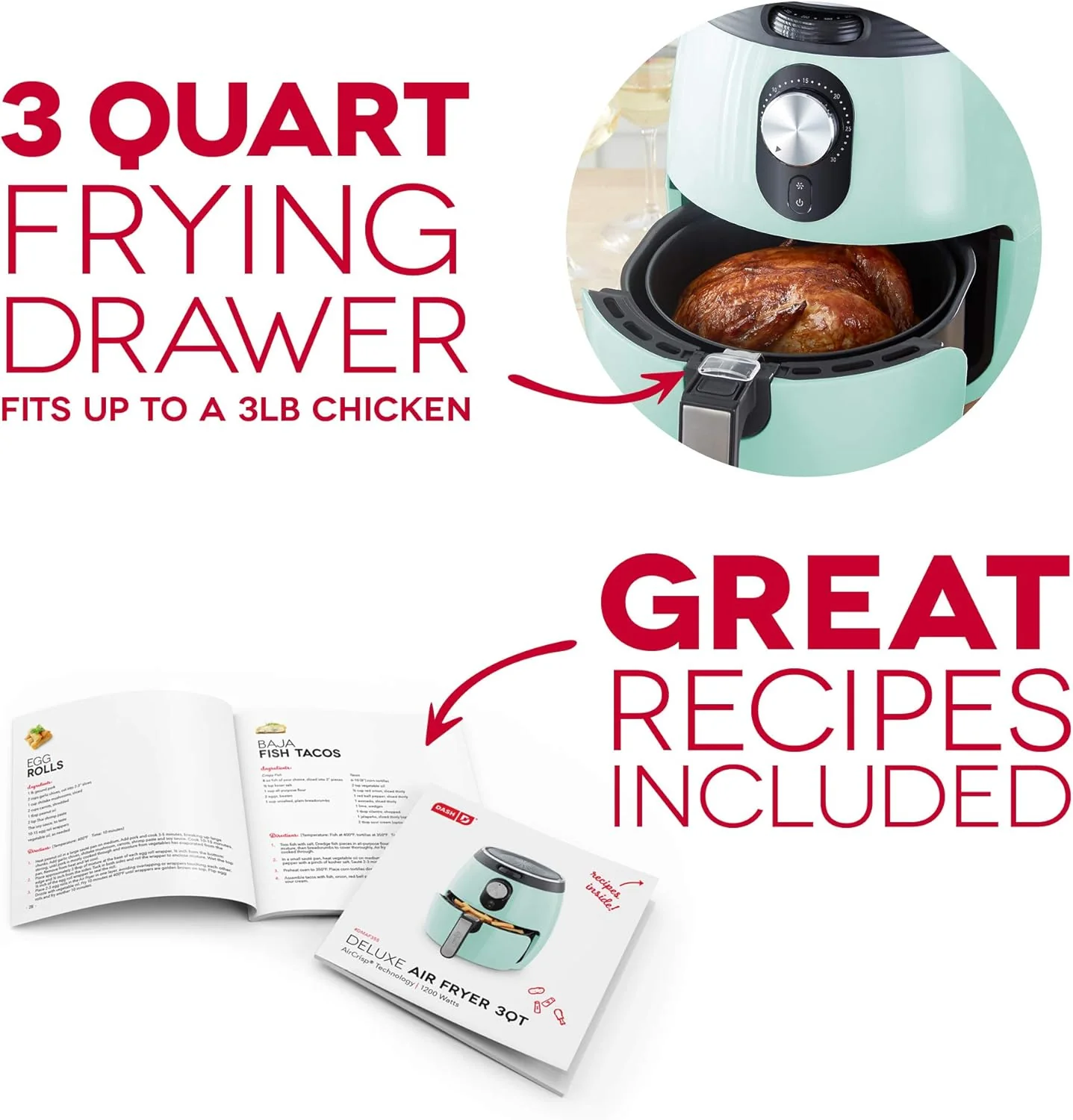 Dash Deluxe Electric Air Fryer + Oven Cooker with Temperature Control, Non-stick Fry Basket, Recipe Guide + Auto Shut off Feature, 1200-Watt, 3 Quart - Aqua