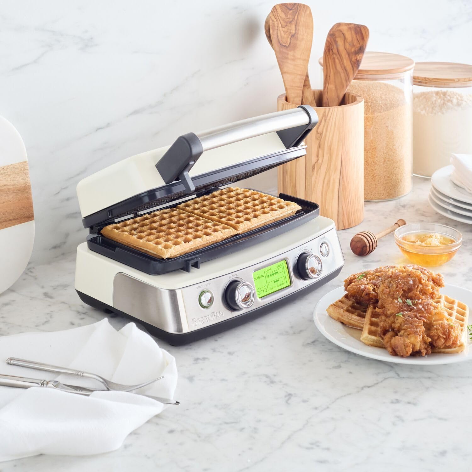 Elite 4-Square Belgian & Classic Waffle Iron, Healthy Ceramic Nonstick Aluminum Dishwasher Safe Plates, Adjustable Shade/Crunch Control, Wont Overflow, Easy Cleanup Breakfast,