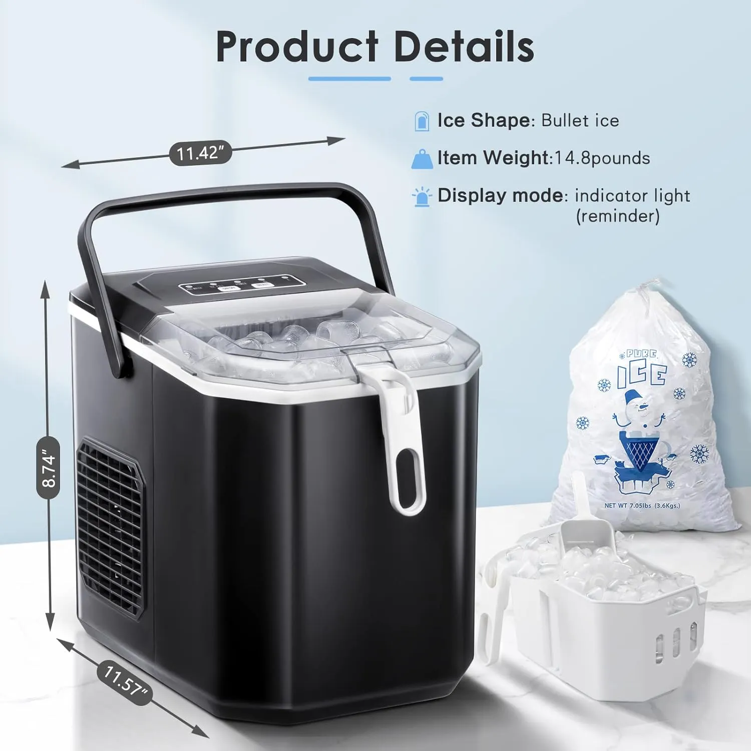 Countertop Ice Maker with Soft Chewable Pellet Ice, Self Cleaning,45lbs/Day,LED 24H Timer, Stainless Steel Black
