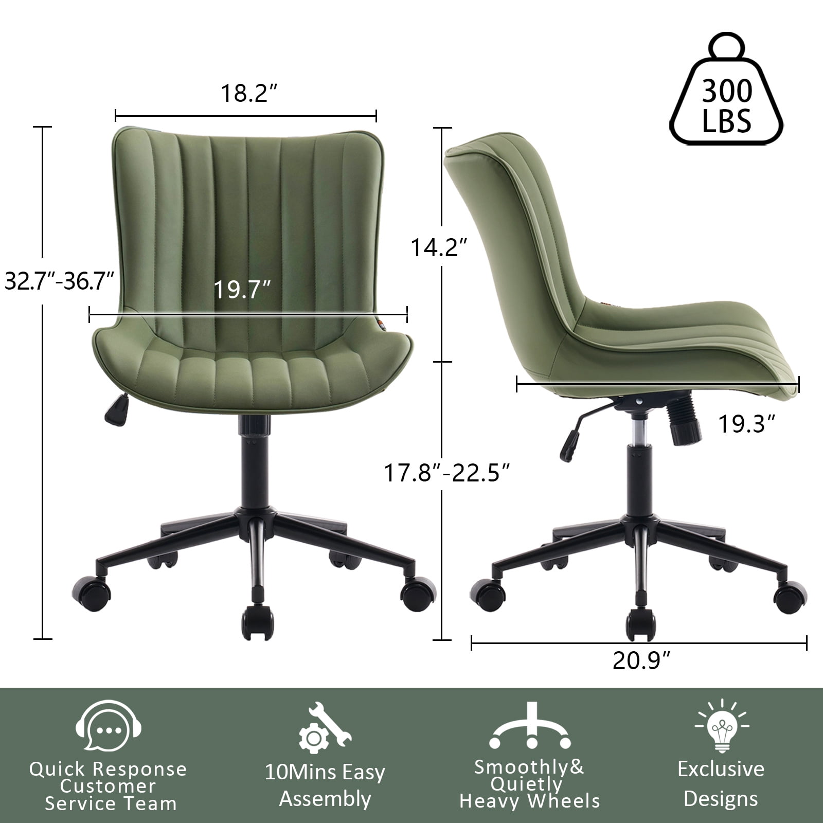 YOUNIKE Cute Armless Office Desk Chair Modern Upholstered Faux Leather Swivel Task Chair, Brown