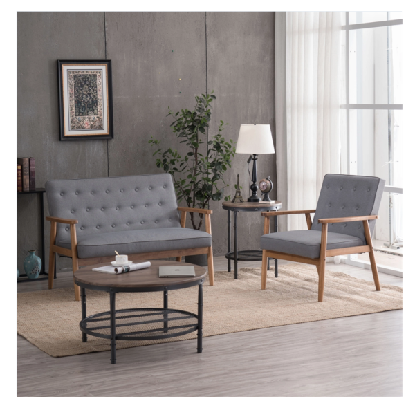 (75 x 69 x 84) cm Retro Modern Wooden Single Chair, Grey Fabric