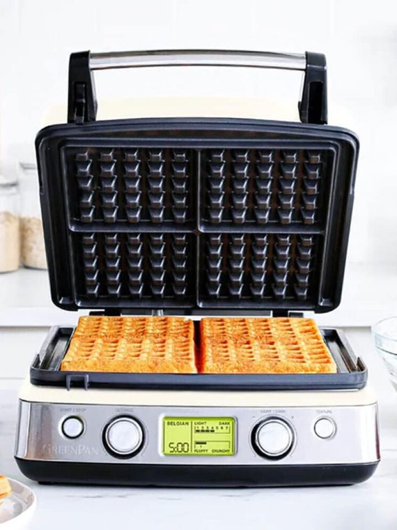Elite 4-Square Belgian & Classic Waffle Iron, Healthy Ceramic Nonstick Aluminum Dishwasher Safe Plates, Adjustable Shade/Crunch Control, Wont Overflow, Easy Cleanup Breakfast,